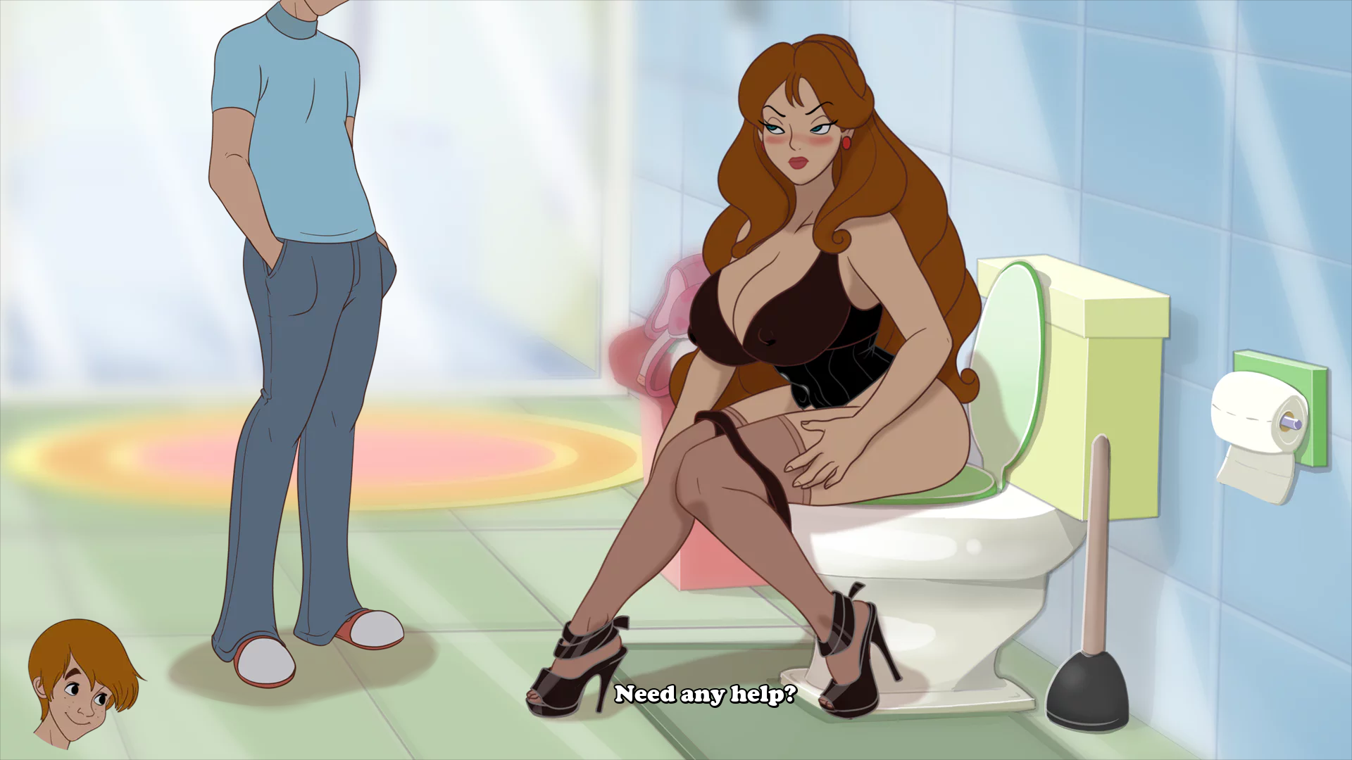 1boy black_footwear black_panties blue_eyes blue_pants blush breasts brown_hair cleavage corset earrings english_text female high_heels huge_breasts indoors inusen janet_(milftoon_drama) jewelry joey_(milftoon_drama) large_breasts lipstick long_hair male mature_female milf milftoon_drama panties pants panty_pull shirt sitting subtitled toilet toilet_use underwear