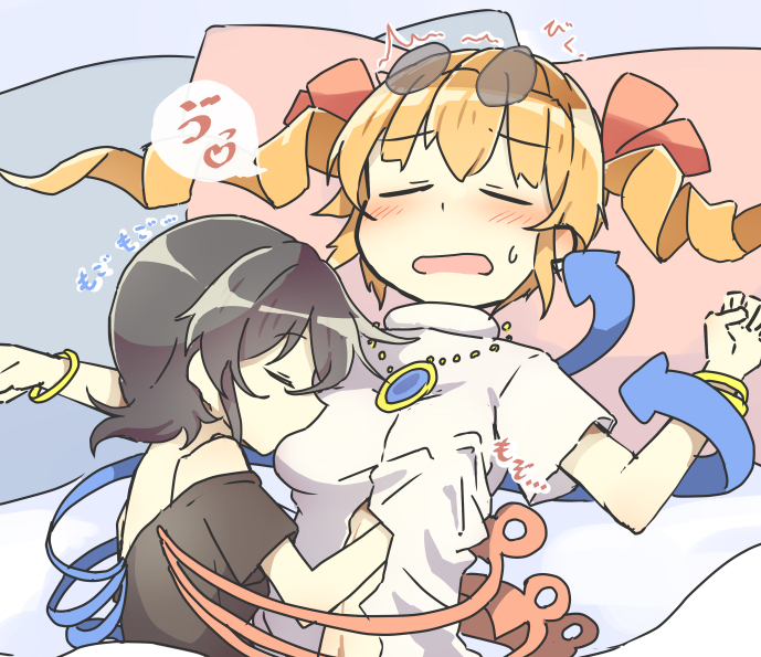 nue houjuu, touhou, 2022, 2girls, bed, black hair, blush, breast grab, breast sucking, breast sucking through clothes, breasts, closed eyes, matsu kitsune, navel, necklace, nipple suck, open mouth, orange hair, ponytail, short hair, sunglasses, sunglasses on head, touching breast, twin drills, twintails, 