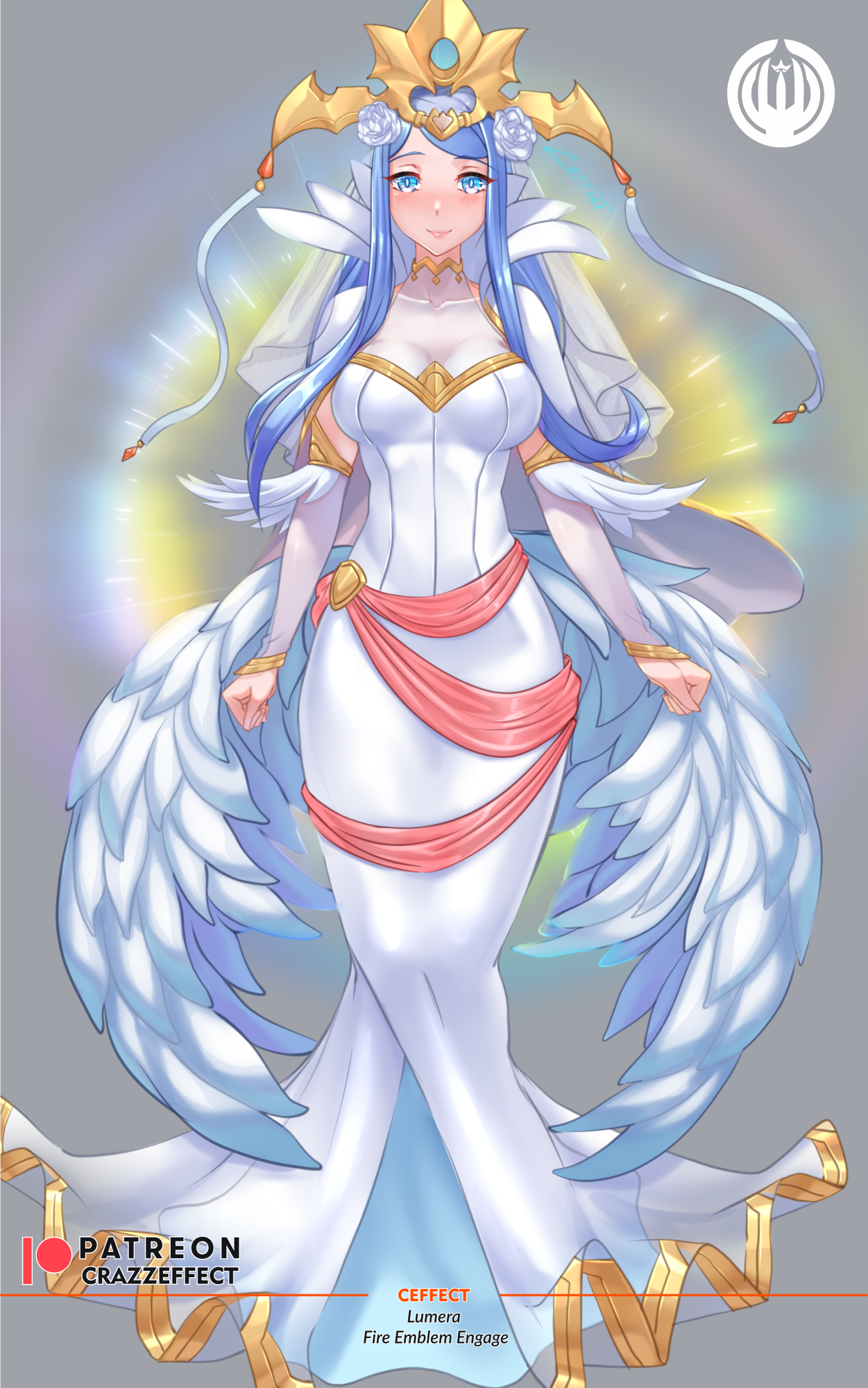 1girls alternate_costume alternate_version_available bangs blue_eyes blue_hair bodystocking breasts bridal_veil bride collarbone crazzeffect detached_sleeves dress female female_only fire_emblem fire_emblem_engage flower full_body glowing grey_background hair_flower halterneck large_breasts light long_hair long_sleeves looking_at_viewer lumera_(fire_emblem) mature mature_female nintendo see-through smile solo veil wedding_dress