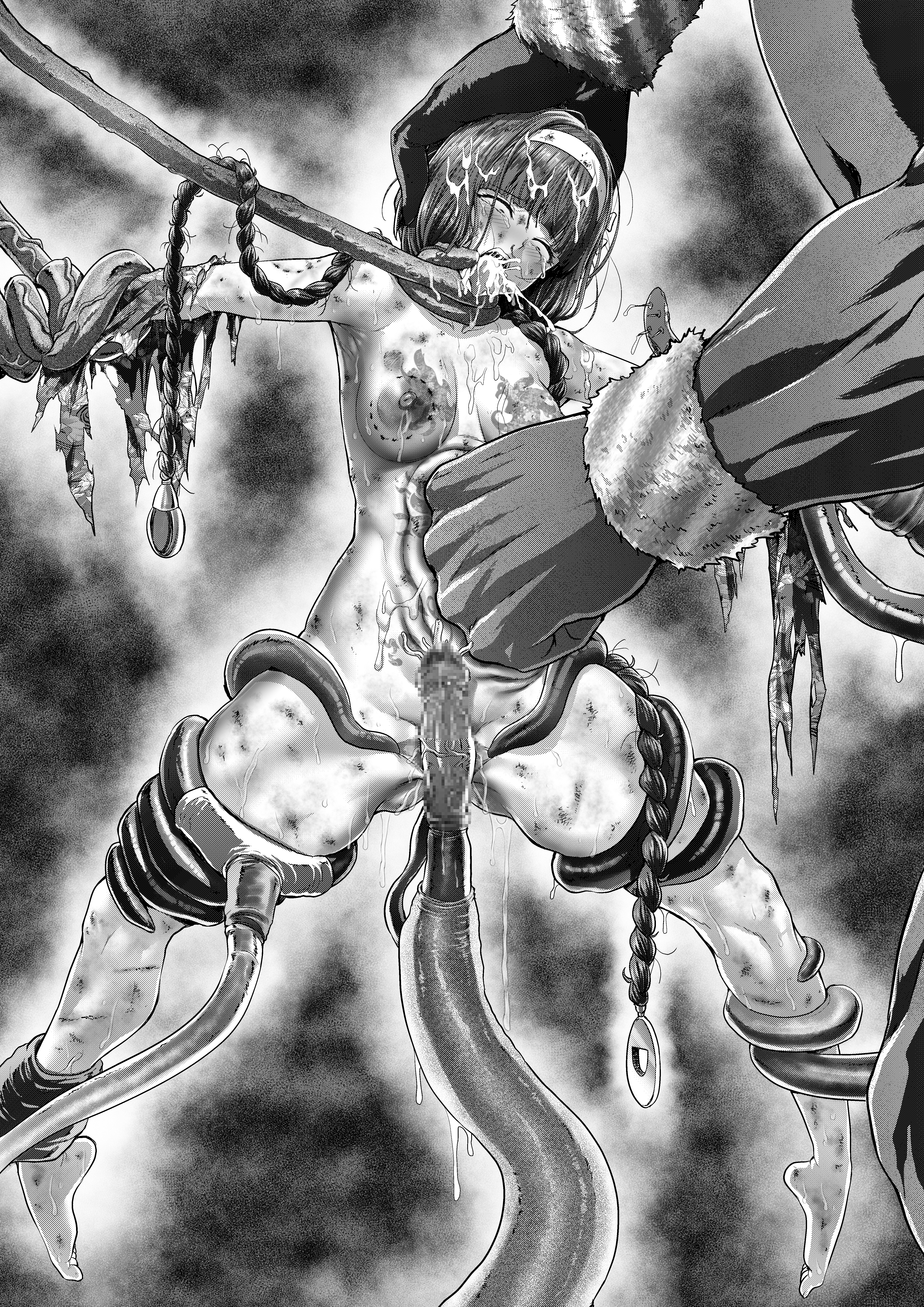 1boy absurdres beaten bite_mark braid breasts bruise censored defeat female goddess_defeat:_reincarnation_valanowas highres injury long_hair medium_breasts monochrome monster mosaic_censoring nude official_art open_mouth pain penis punching ran_(yamatoagu) restrained ryona size_difference stomach_punch strangling sweat tears tentacle twin_braids very_long_hair violence vomit
