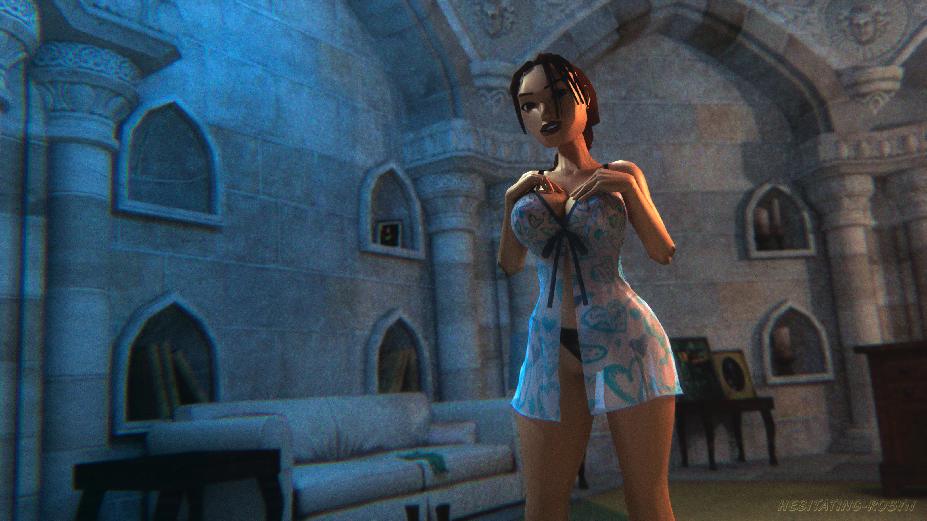 hesitating-robyn, lara croft, lara croft (classic), tomb raider, 3d, tagme, athletic, babydoll, bare legs, bare shoulders, big breasts, big lips, blue lingerie, braid, breasts, brown eyes, brown hair, busty, cleavage, collarbone, curvaceous, curvy, erect nipples, eyelashes, female, female focus, female only, g-string, hourglass figure, huge breasts, large breasts, lingerie, lipstick, living room, long hair, nightie, nipple bulge, nipples, pinup, see-through, sofa, solo, standing, thick lips, thick thighs, thong, tied hair, tight clothing, tight fit, voluptuous, wide hips, 