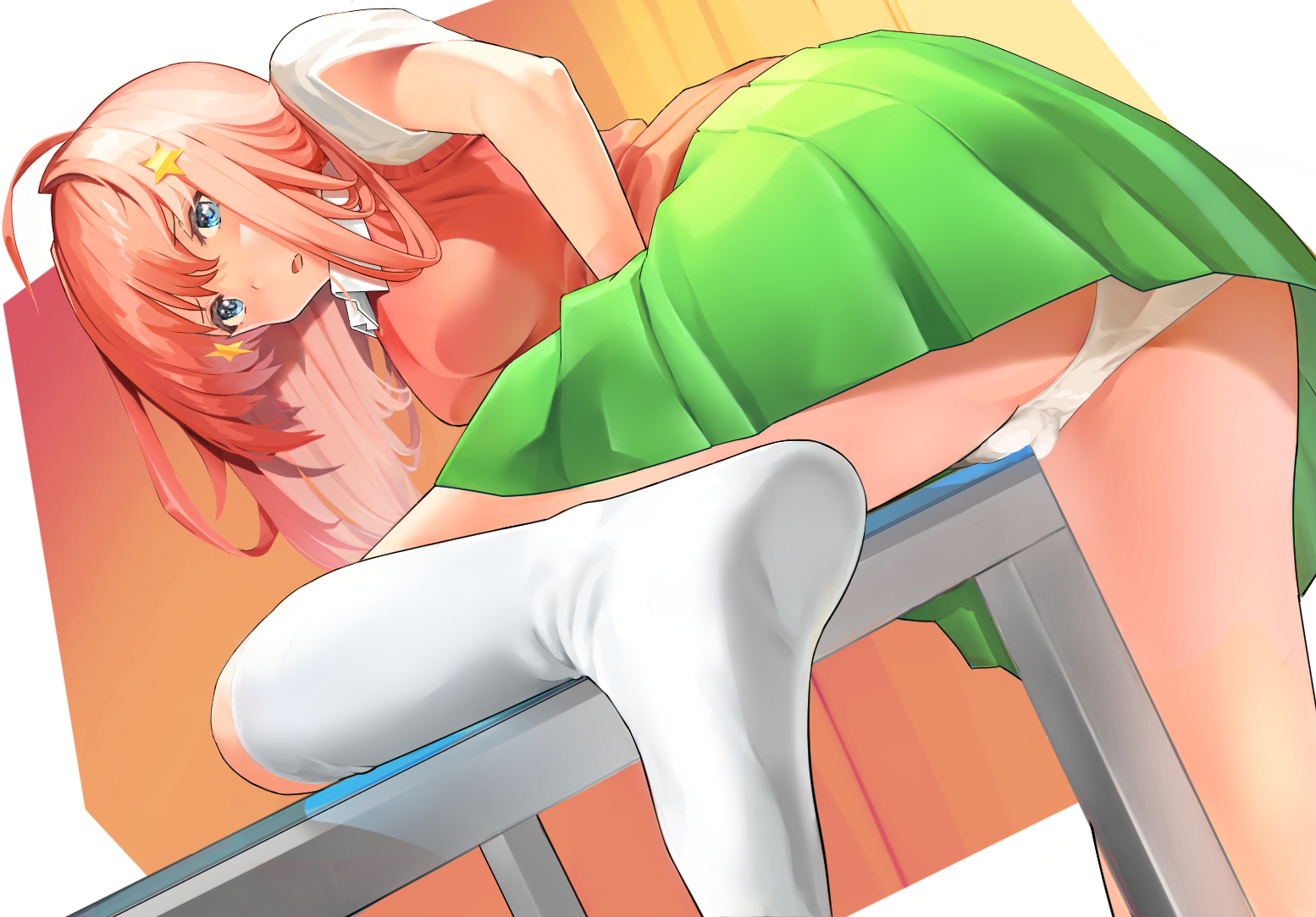 tama (monster1553), nakano itsuki, go-toubun no hanayome, :o, blue eyes, breasts, dutch angle, female, green skirt, hair ornament, long hair, looking at viewer, masturbation, masturbation through clothing, no shoes, panties, red hair, shirt, skirt, socks, soles, solo, star (symbol), star hair ornament, sweater vest, table sex, underwear, white legwear, white shirt, 