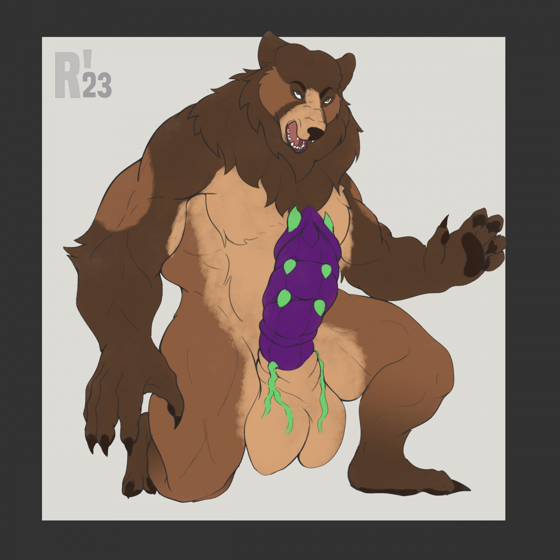 redeyedwolf, hi res, after transformation, animal genitalia, anthro, balls, bear, big balls, big penis, brown bear, cock parasite, cock transformation, genital transformation, genitals, grizzly bear, hair, kuruk (character), male, mammal, mane, mane hair, partial transformation, penis, sheath, solo, transformation, transformed cock, unusual anatomy, unusual genitalia, unusual penis, ursine, were, wereursid, wereursine, 
