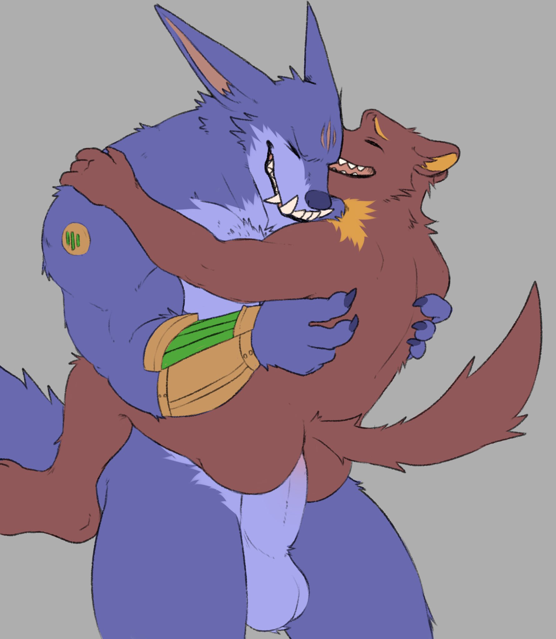 league of legends, riot games, grey background, hi res, simple background, anal, anal sex, anthro, ass, balls, big penis, canid, canine, canis, carrying partner, closed eyes, duo, erection, fangs, fleshformomo, genitals, gulonine, humanoid genitalia, humanoid penis, male, male/male, male penetrated, male penetrating, male penetrating male, mammal, marten, mustelid, musteline, nude, penetration, penis, sex, video games, warwick (lol), wolf, 