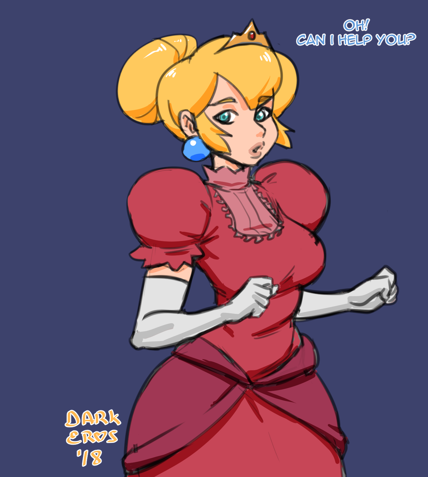 thedarkeros, princess peach, nintendo, super mario bros., 2018, blue background, dated, english text, highres, simple background, text, !, 1girls, :o, ?, aqua eyes, blonde hair, breasts, clothed, cowboy shot, dialogue, dress, earrings, elbow gloves, female, female only, front view, gloves, hair bun, human, large breasts, looking at viewer, red dress, sidelocks, signature, solo, tiara, 
