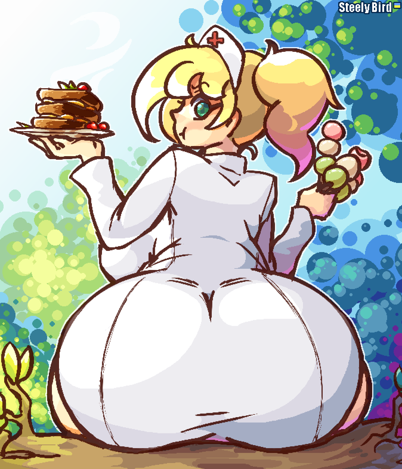 nurse (terraria), terraria, 1girls, abstract background, ass, blonde hair, breast, dress, eating, female, female focus, female only, food, green eyes, large ass, large breasts, looking at viewer, looking back, nurse, nurse cap, nurse hat, nurse uniform, ponytail, sideboob, sitting, steelbirdlove, thick thighs, thighs, 