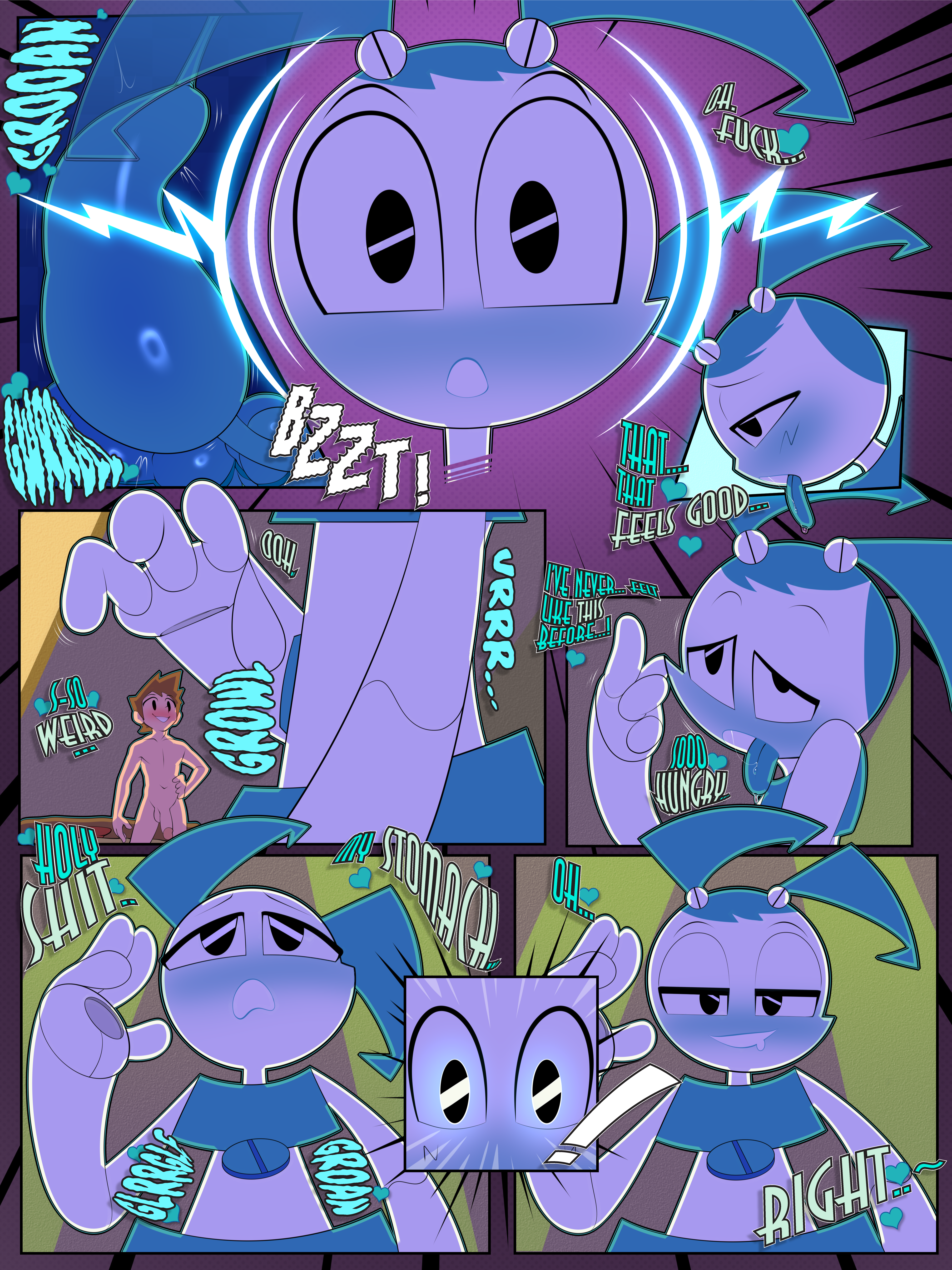 1boy 1girls blue_hair comic comic_page giantess jenny_wakeman light-skinned_male light_skin looking_at_viewer low-angle_view my_life_as_a_teenage_robot nude nude_male penis pizza pov robot tagme text theboogie tongue tongue_out