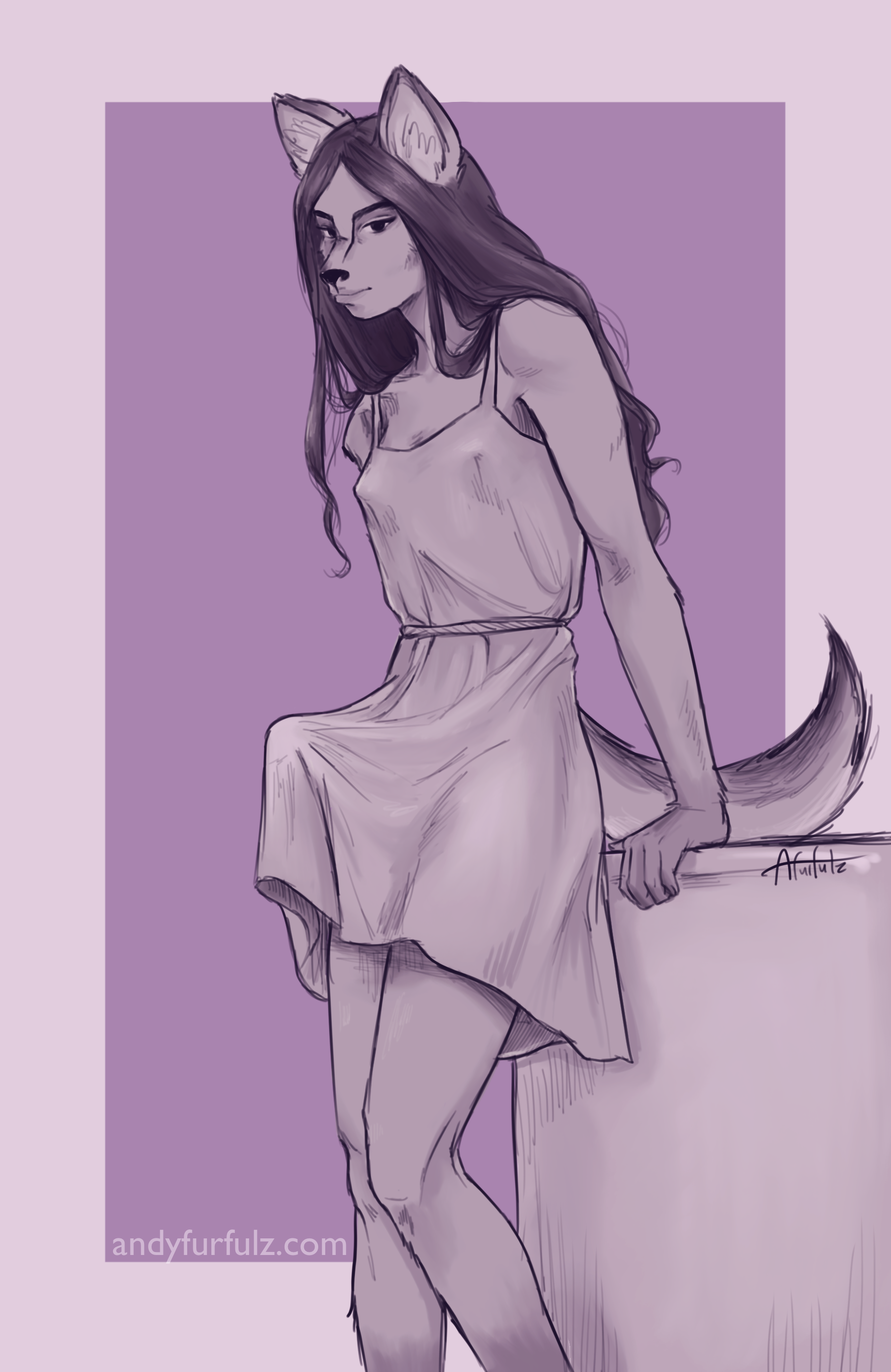 absurd_res andyfurfulz anthro black_hair breasts canid canine canis cass_(andyfurfulz) clothing domestic_dog dress english_text erection erection_under_clothing furniture futanari hair hi_res husky intersex leaning long_hair looking_at_viewer mammal monochrome nipple_outline nordic_sled_dog simple_background small_breasts smile spitz sundress table tail tenting text trans_woman transfem url