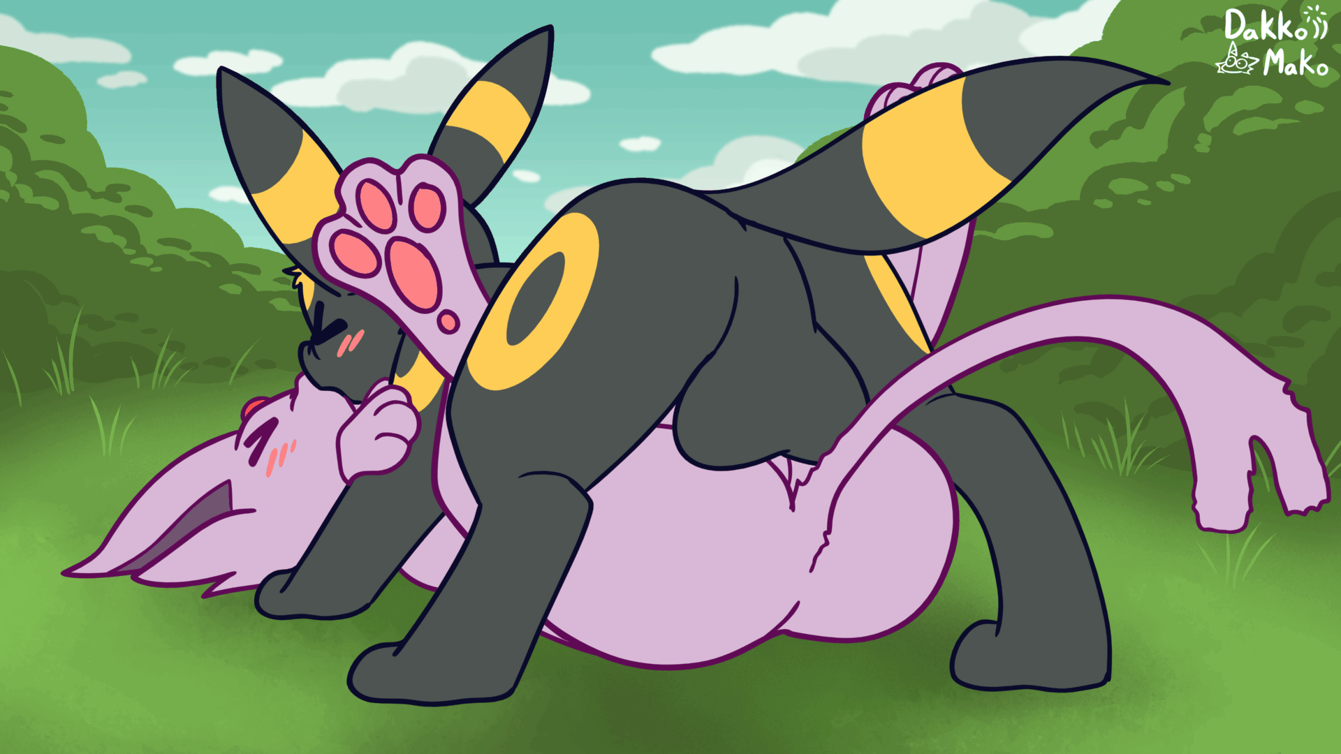 16:9 1boy 1girls 2024 ambiguous_penetration animated anus ass balls black_balls black_body black_ears black_fur black_tail blush cheek_tuft cloud dakkomako detailed_background duo eeveelution espeon facial_tuft female female_penetrated feral from_front_position fur generation_2_pokemon genitals grass hi_res kissing long_ears long_tail male male/female male_penetrating male_penetrating_female mating_press nintendo nude outside pawpads penetration penis pink_pawpads pink_penis plant pokemon pokemon_(species) purple_body purple_ears purple_fur purple_tail sex short_playtime sky skyscape tail tuft umbreon