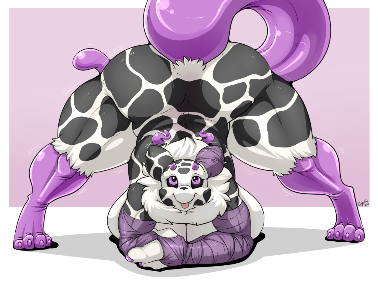 nightfaux, digimon (species), renamon, bandai namco, digimon, 4:3, pose, anthro, ass, ass up, big breasts, big butt, breasts, female, front view, fur, homunculus, huge breasts, huge butt, huge thighs, hybrid, jack-o pose, looking at viewer, neck tuft, nude, solo, specimen 17 (nightfaux), spots, thick thighs, tongue, tongue out, tuft, white body, white fur, 