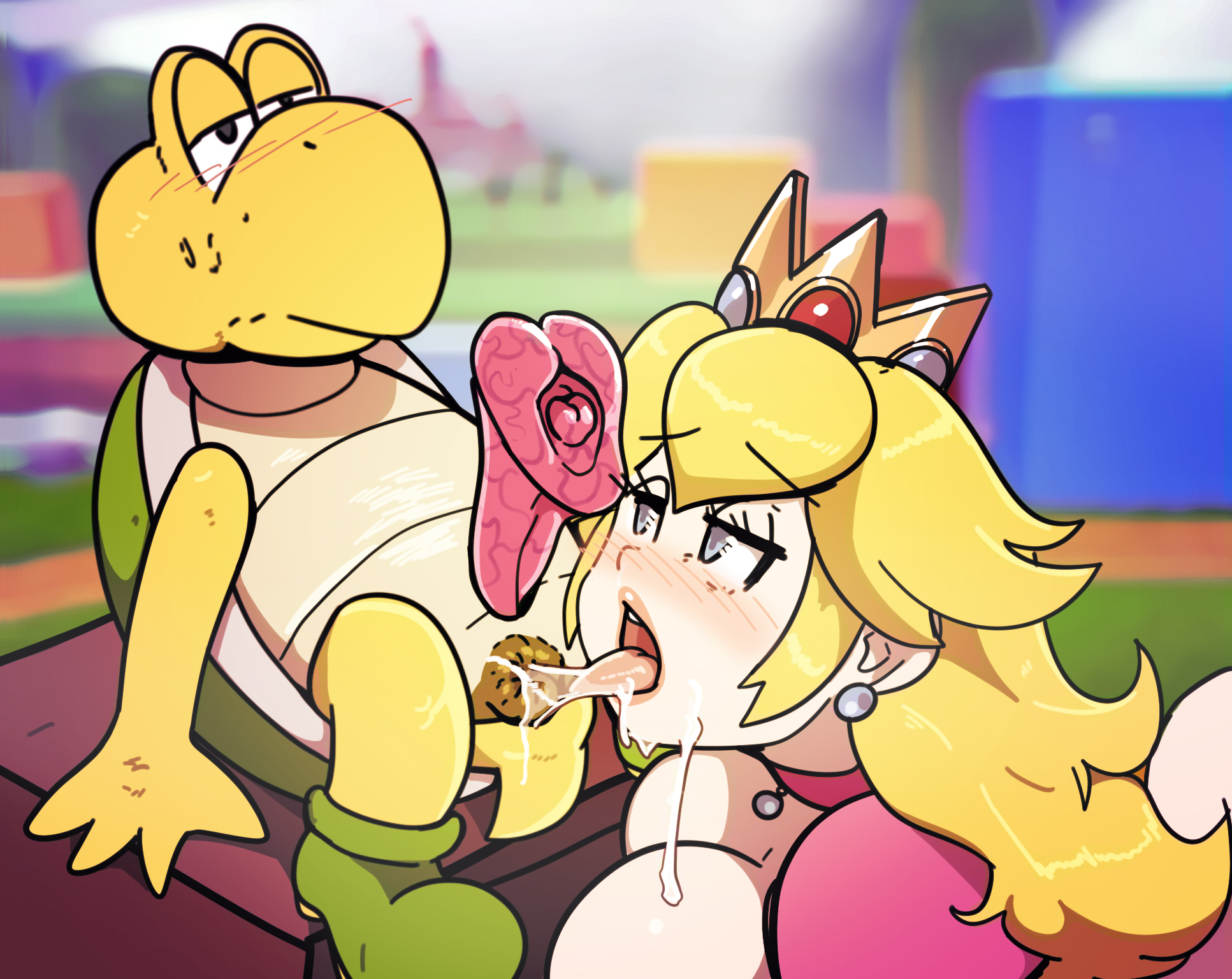 koopa, koopa troopa, princess peach, mario (series), anilingus, animal genitalia, animal penis, anus, blonde hair, blue eyes, breasts, brown anus, choker, cleavage, clothed, clothed female nude male, crown, dress, earrings, erection, female rimming male, femsub, interspecies, large breasts, long hair, male/female, messy, pink choker, pink dress, rimjob, rimming, saliva, straight, tongue, tongue out, wolfgang bang, 