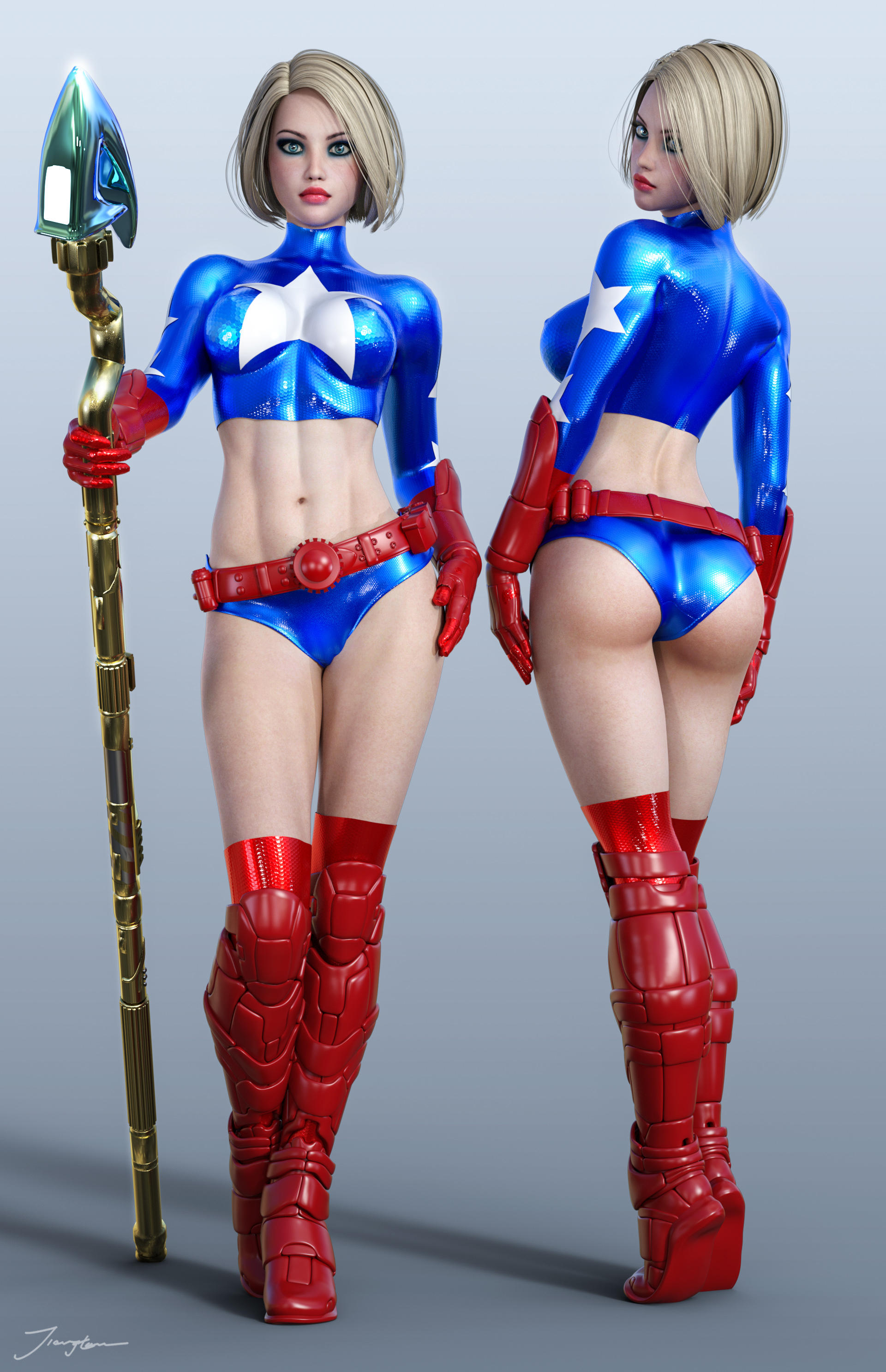 tiangtam, courtney whitmore, stargirl, dc, dc comics, jsa, justice league, justice society, justice society of america, young justice, 3d, 1girls, ass, back view, belt, big breasts, blonde hair, blue eyes, blue shorts, blue topwear, boots, booty shorts, breasts, busty, curvaceous, curvy, dat ass, erect nipples, erect nipples under clothes, eyeshadow, female, female only, from behind, front view, gloves, holding staff, human, kneehighs, large breasts, lipstick, makeup, mascara, nipple bulge, nipples, pinup, red belt, red boots, red gloves, red kneehighs, red lips, red lipstick, short hair, short shorts, shorts, signature, solo, staff, superheroine, tiptoes, topwear, voluptuous, 