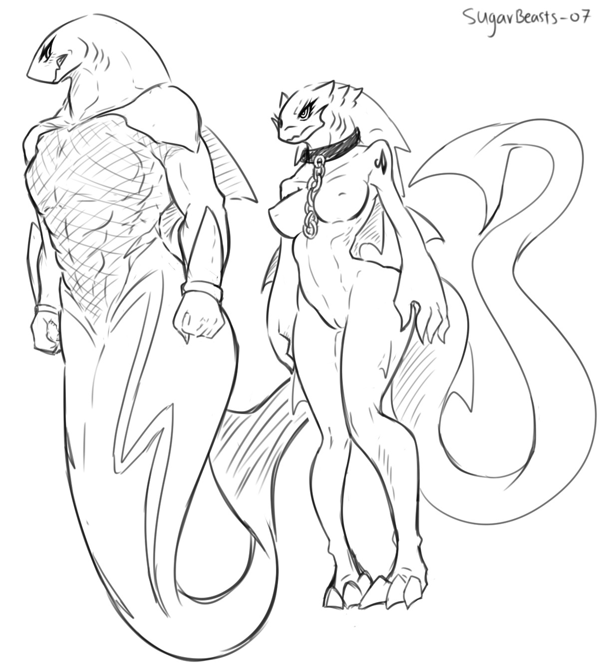 sugarbeasts-07, simple background, white background, anthro, anthrofied, blush, breasts, chain, claws, clenched teeth, fangs, female, male, muscular, muscular male, naked, nipples, open mouth, pussy, shark, tail, vagina, 