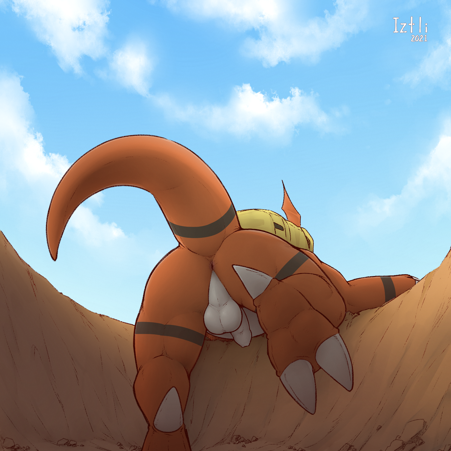 iztli, digimon (species), guilmon, bandai namco, digimon, hi res, anthro, anus, ass, backsack, balls, flaccid, foreskin, genitals, male, penis, rear view, solo, uncut, 