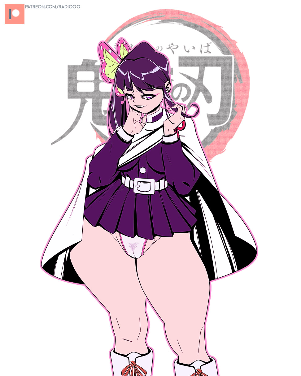 tsuyuri kanao, demon slayer, kimetsu no yaiba, boots, butterfly hair ornament, cape, dark hair, female, female only, innie pussy, microskirt, panties, pleated skirt, pointless clothing, ponytail, pubic hair, purple eyes, radiooo, see-through panties, side ponytail, smile, solo, thick thighs, thunder thighs, uniform, white panties, wide hips, 