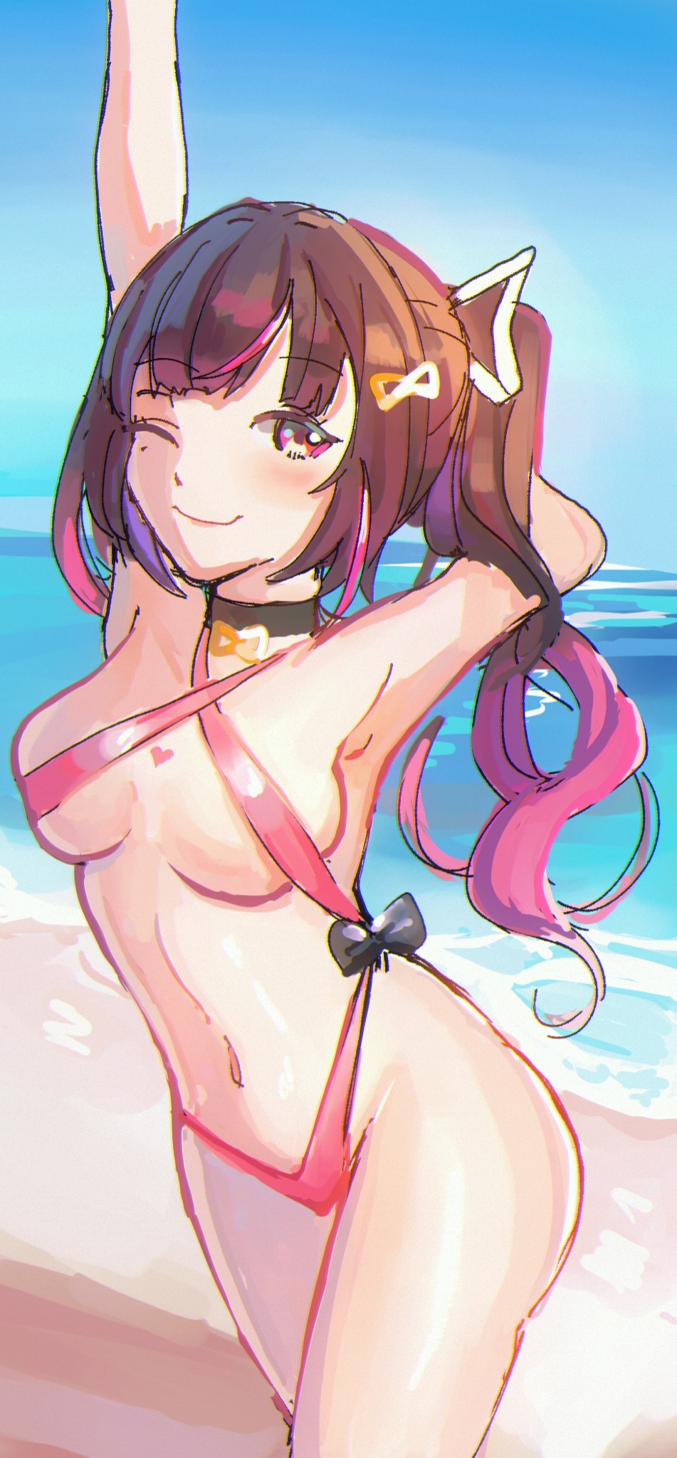 virtual youtuber, 1girls, beach, blue sky, brown hair, choker, female, female only, hair ornament, himemiya rie, light-skinned female, light skin, loomi (shinlumi), phase connect, phasealias, pink hair, ponytail, skimpy clothes, sky, smile, solo, two tone hair, water, wink, 