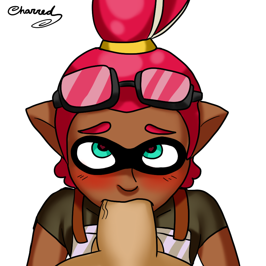 charredarousal, inkling, nintendo, splatoon, 2boys, blush, dark skin, domino mask, erection, fellatio, goggles, green eyes, hair, heart-shaped pupils, male only, mask, multiple boys, oral, penis, pink hair, pointy ears, tentacle hair, yaoi, 