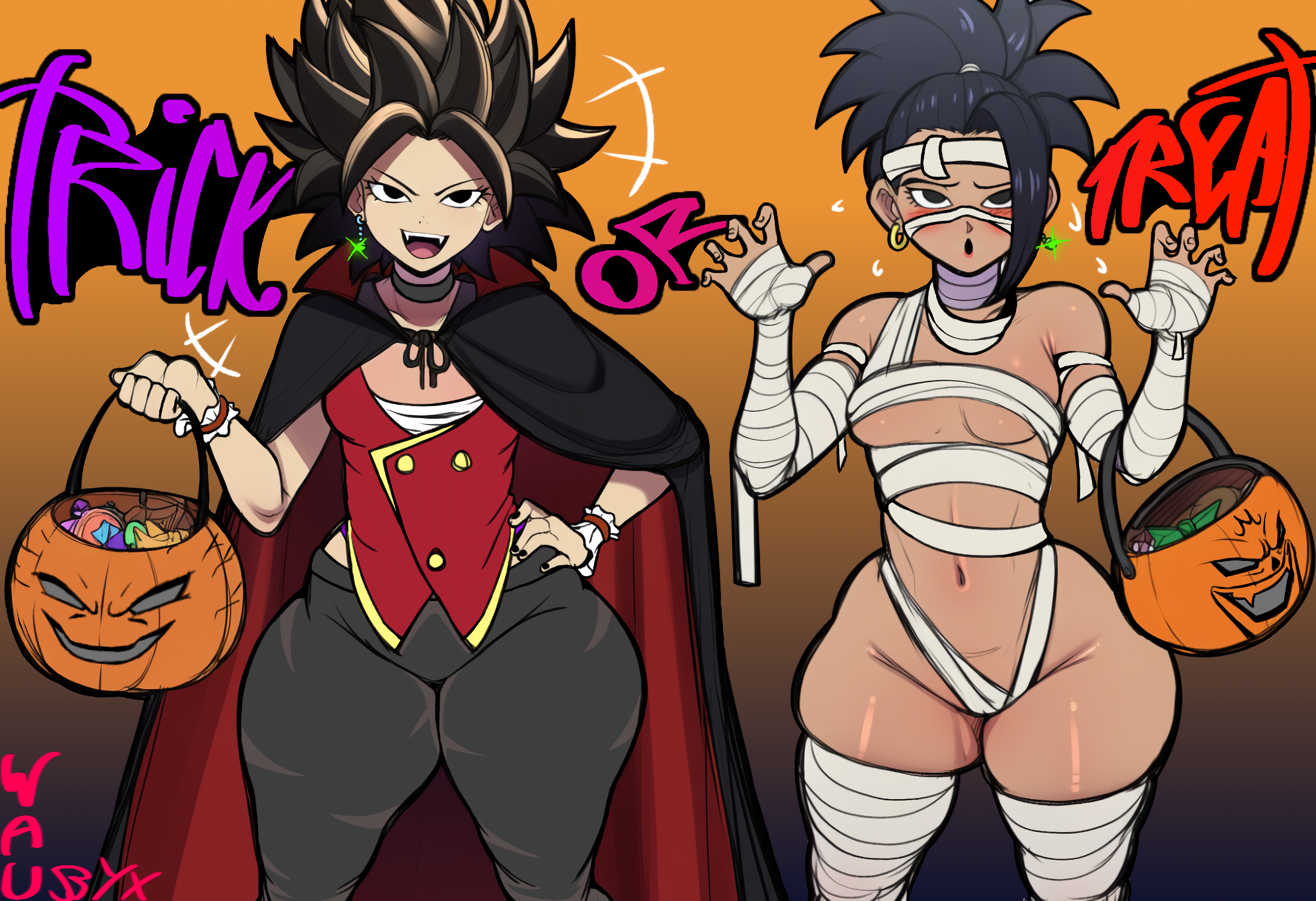 2girls ai_assisted big_thighs black_eyes black_nails boo breasts candies caulifla dark-skinned_female dragon_ball dragon_ball_super dragon_ball_z female female_only halloween halloween_bucket halloween_costume high_resolution huge_thighs kale looking looking_at_viewer mummy mummy_costume mummy_girl page_1 potara_earrings saiyan saiyan_female shy simple_background small_breasts text thick_legs thick_thighs trick_or_treat vampire vampire_bat vampire_costume vampire_girl white-skinned_female