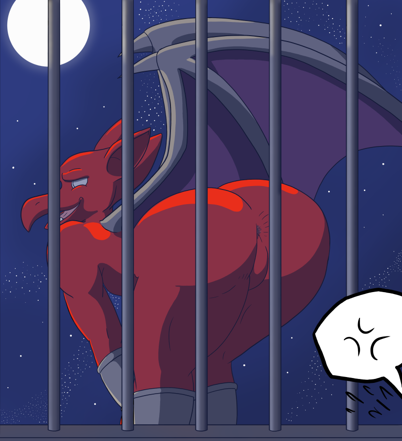 anklet anus anus_only ass bars bent_over big_ass big_butt bracelet capcom demon demon's_crest digital_media_(artwork) empty_eyes featureless_crotch firebrand full_moon gargoyle gargoyle's_quest ghosts_'n_goblins humanoid_pointy_ears jewelry macro710 male membrane_(anatomy) membranous_wings moon night nude pointy_ears presenting presenting_hindquarters rear_view red_arremer red_body smile solo star thatweirdguy wings