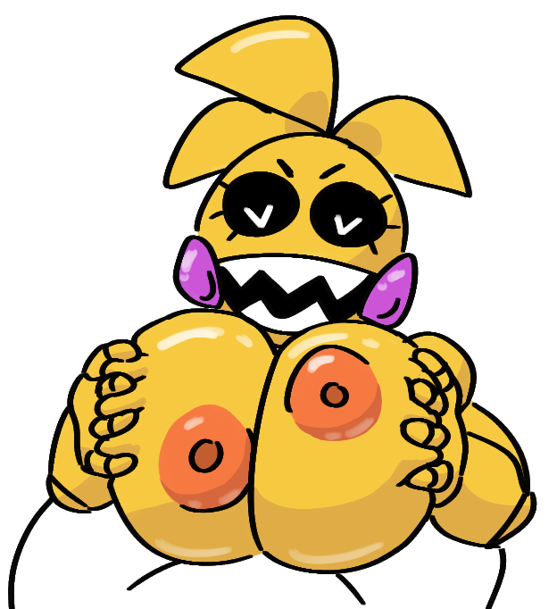 toy chica (fnaf), simple background, white background, animatronic, areolae...