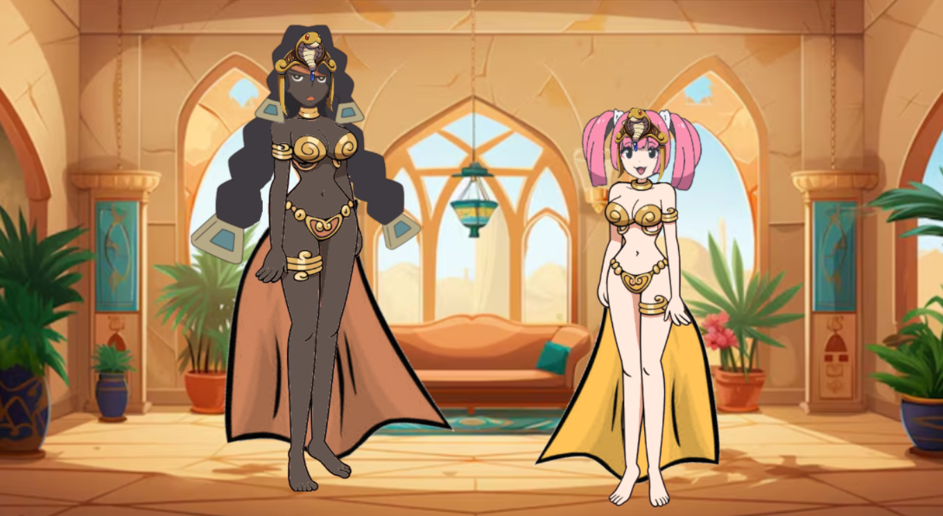 2d 2d_(artwork) 2d_artwork 2girls agate_(pokemon) bare_arms bare_legs bare_midriff bare_shoulders bare_thighs barefoot belly_button belly_dancer belly_dancer_outfit big_breasts bikini bikini_top black_eyes black_hair black_skin blue_gem blue_gemstone bra bracelet breasts brown_eyes chalce_(pokemon) cleavage cobra_tiara collar coral_(pokemon) crossover crossover_cosplay dancer dancer_class dancer_girl dancer_outfit dark-skinned_female dark_skin female female_only gem gem_on_forehead gemstone gold_(metal) gold_bra gold_bracelets gold_collar gold_jewelry gold_thigh_ring gold_thighlet gold_tiara golden_bikini golden_bikini_top golden_bracelets golden_collar golden_thigh_ring golden_tiara harem harem_girl harem_girls harem_jewelry harem_outfit heart_pasties hourglass_figure hourglass_figured_female inner_sideboob light-skinned_female light_skin lipstick loincloth long_hair metal_collar middle_eastern_architecture midriff multiple_females multiple_girls navel orange_heart_pasties orange_lips orange_lipstick orange_loincloth orange_sofa overboob palace pink_hair pink_twintails pokemon pokemon_(anime) pokemon_horizons potted_plant shantae shantae_and_the_pirate's_curse slave slave_bikini slave_girl slave_outfit sofa stone_floor stone_wall tanline_island thigh_ring thighlets tiara twintails yellow_heart_pasties yellow_loincloth