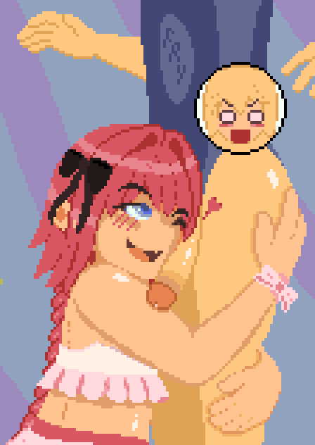 astolfo astolfo_(fate) black_ribbon blonde_hair blue_eyes blue_swimsuit blush bulge bulge_under_clothes chibi embarrassed femboy heart hugging hugging_penis oc one_piece_swimsuit penis penis_on_face pink_hair pink_ribbon pink_swimsuit precum raised_eyebrow swimsuit