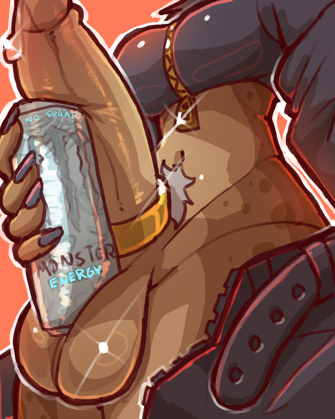 1futa accessory akiradrawslewds anthro balls belt beverage beverage_can big_balls big_penis bodily_fluids bottomwear breasts brown_body brown_fur clothed clothing cock_ring colored_nails crop_top cropped_jacket dripping energy_drink fingers fur futanari genital_fluids genitals glistening glistening_balls glistening_body glistening_genitalia glistening_penis gold_(metal) gold_cock_ring gold_jewelry herm hi_res hyena intersex jewelry leah_(akiradrawsstuff) leaking_precum mammal markings midriff monster_energy monster_energy_can nails open_belt pants partially_clothed penis penis_accessory penis_jewelry precum precum_drip red_background shirt simple_background size_comparison solo solo_focus solo_futa spots spotted_body spotted_fur thighs_together topwear uncensored wide_hips zipper