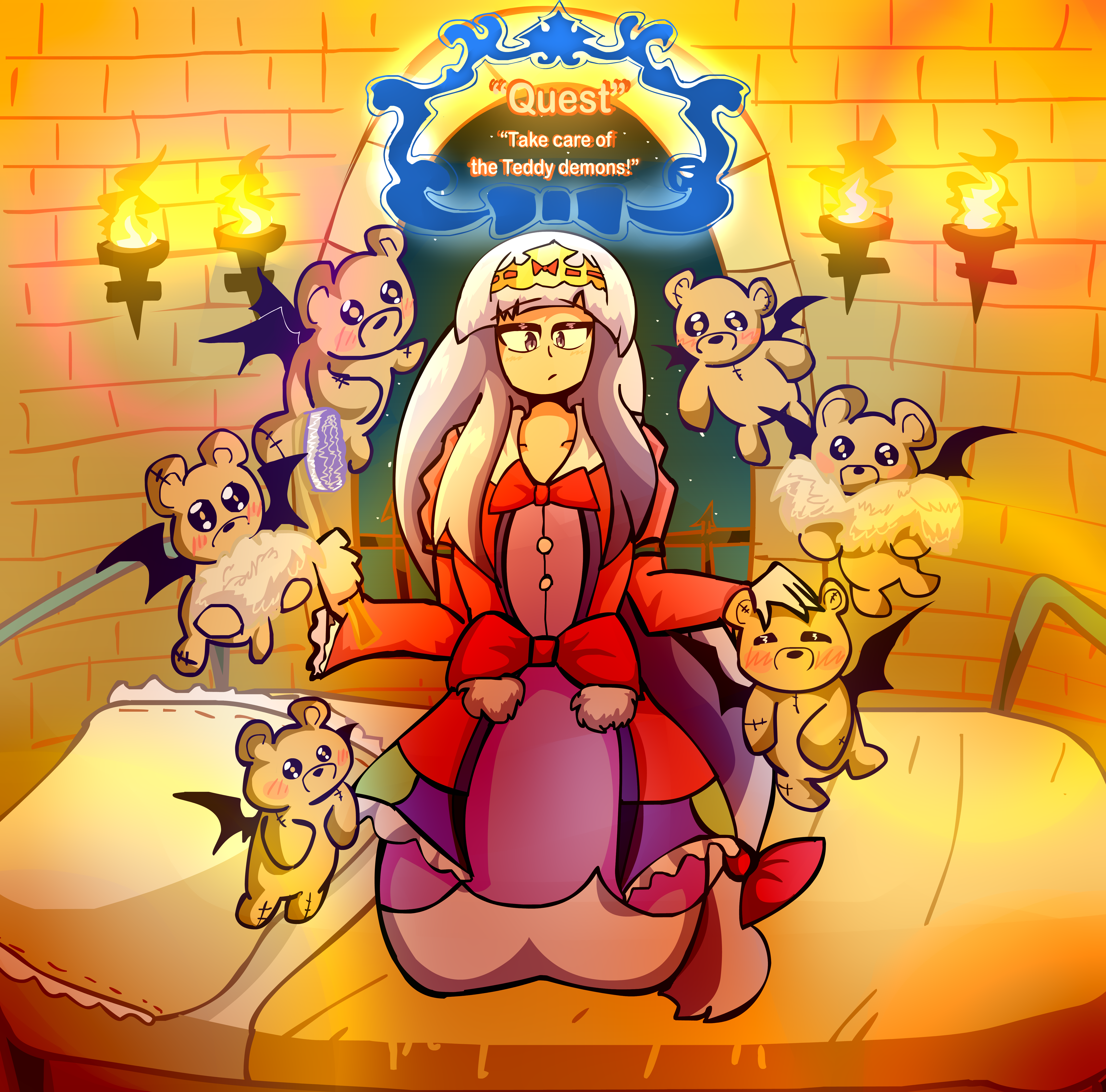 aurora_sya_lis_kaymin bed bed_sheet bedroom blunt_bangs creature crown dress dress_bow english_text female flying fur fur_trim hair_brush headband headpat kneeling long_dress long_hair long_skirt long_sleeves manu_618 maou-jou_de_oyasumi pijamas pillow princess princess_syalis purple_hair question_mark_print small_breasts syalis teddy_bear teddy_demon torch very_long_hair wings yellow_eyes yellow_headband