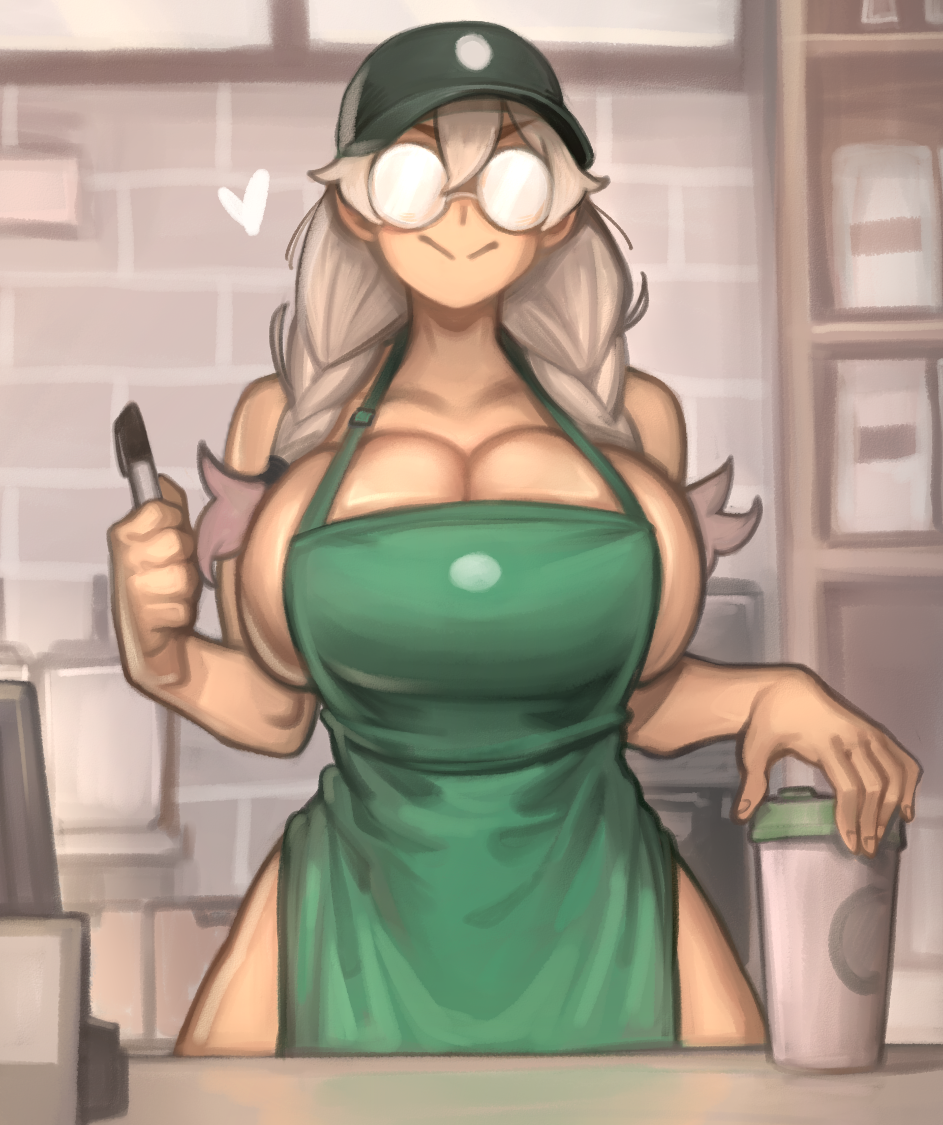 breasts, eye contact, female, glasses, hat, huge breasts, iced latte with b...