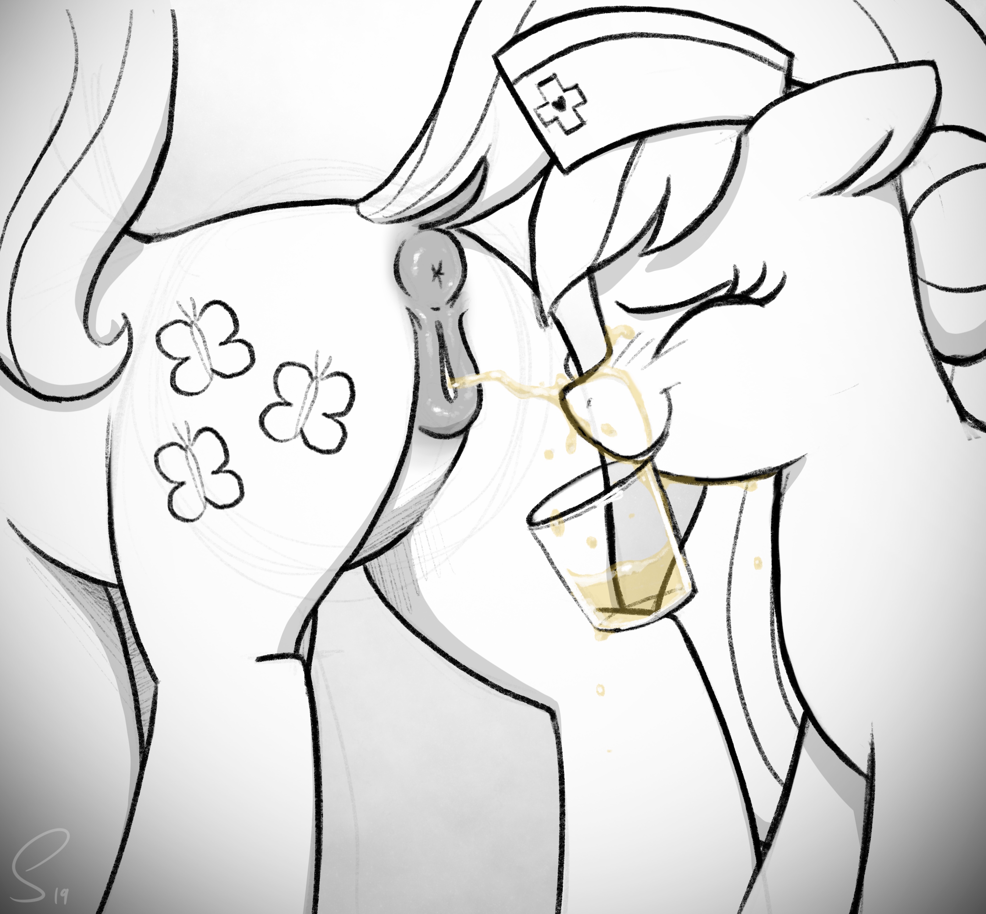 selenophile, fluttershy (mlp), nurse redheart, friendship is magic, my little pony, 2019, absurd res, hi res, animal genitalia, animal pussy, anus, ass, bodily fluids, closed eyes, clothing, cup, cutie mark, duo, earth pony, equid, equine, equine pussy, eyelashes, faceless female, female, feral, genital fluids, hat, headgear, headwear, horse, mammal, nurse hat, peeing, pony, pussy, smile, urine, watersports, 