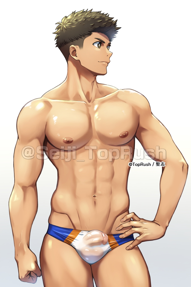 twitter, commentary request, 1boy, abs, artist name, brown eyes, brown hair, bulge, clenched hand, collarbone, contrapposto, covered penis, cowboy shot, facing viewer, gradient background, groin, hand on own hip, looking to the side, male focus, male swimwear, multicolored male swimwear, navel, nipples, paid reward available, pectorals, profile, see-through, seiji toprush, shiny skin, skindentation, smile, smirk, solo, spiked hair, standing, swim briefs, toned, toned male, undercut, 