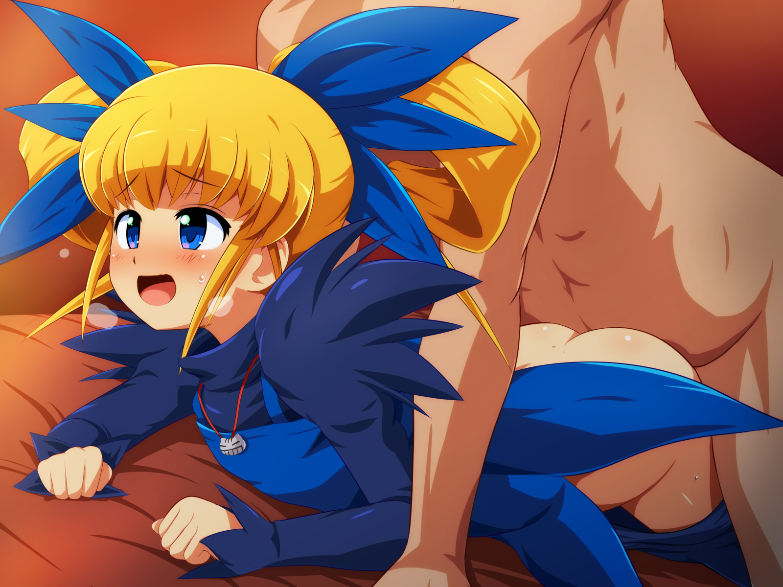 konpeto, character request, ass, blonde hair, blue eyes, blush, dress, female, ribbon, sex, smile, 
