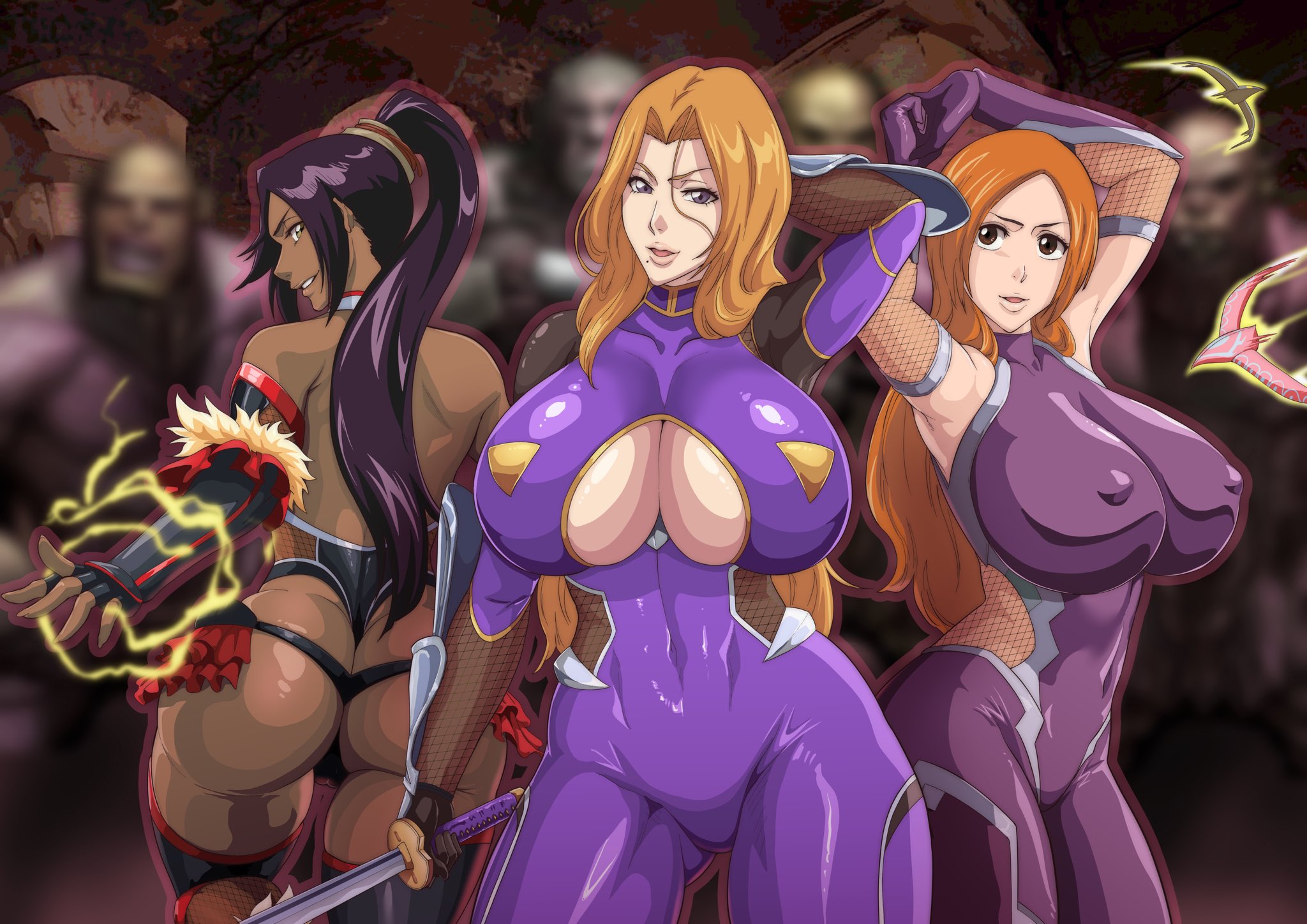 iwao178, inoue orihime, matsumoto rangiku, shihouin yoruichi, bleach, taimanin (series), taimanin asagi battle arena, 3girls, armpits, arms up, ass, blonde hair, brown eyes, cleavage, dark-skinned female, dark skin, female only, huge breasts, large ass, long hair, looking at viewer, nipple bulge, orange hair, ponytail, purple hair, solo focus, thick thighs, thighhighs, thighs, uncensored, wide hips, yellow eyes, 
