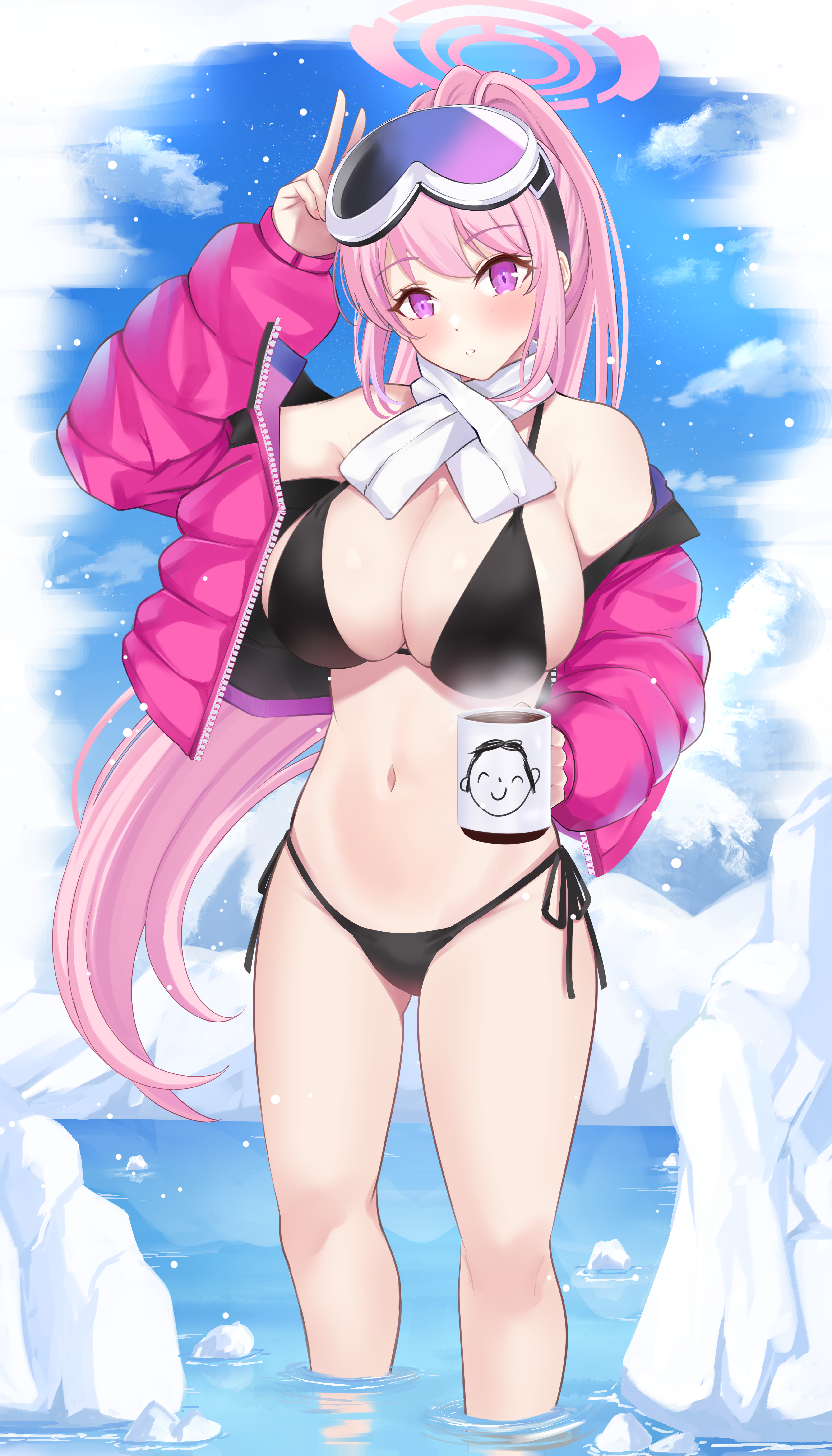 1girl adone_(pluemza021) big_breasts blue_archive coffee coffee_mug doodle_sensei_(blue_archive) eimi_(blue_archive) eimi_(swimsuit)_(blue_archive) goggles_on_head halo high_resolution huge_breasts ice looking_at_viewer millennium_science_school_student pink_hair sensei_(blue_archive) snow very_long_hair water