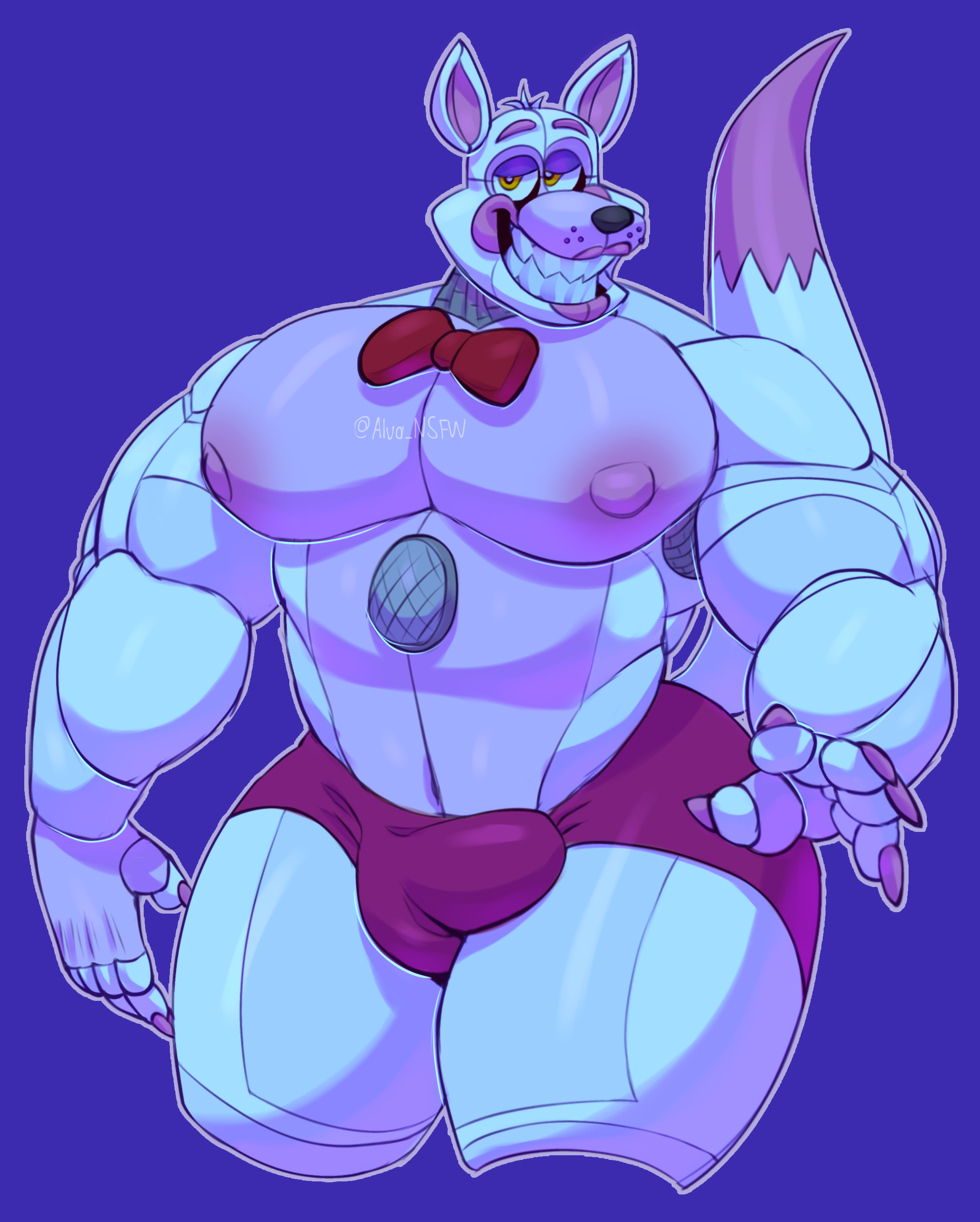 funtime foxy (fnaf), absurd res, digital media (artwork), hi res, simple background, alva nsfw, animatronic, anthro, areola, balls, biceps, big breasts, blush, bottomwear, bow tie, breasts, bulge, canid, canine, clothed, clothing, colored nails, fingers, fox, genitals, glistening, glistening body, hair, looking at viewer, machine, male, mammal, muscular, muscular anthro, muscular male, nails, nipples, open mouth, pecs, pink areola, pink bottomwear, pink clothing, pink nipples, pink shorts, robot, scottgames, shorts, smile, solo, solo focus, speaker, teeth, thick thighs, video games, white body, wire, yellow eyes, 