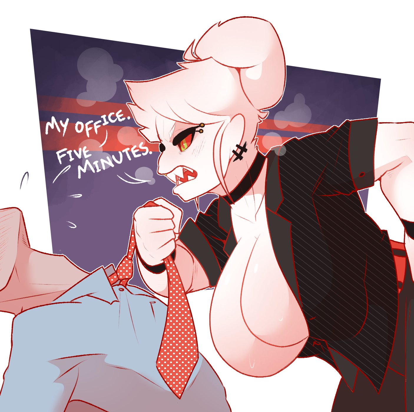 dabble, sugar (dabbledraws), 2020, english text, text, 1girls, big breasts, blush, breasts, choker, cleavage, collarbone, demon, demon girl, ear piercing, female, femdom, hair bun, hairbun, horny, large breasts, male, office lady, red eyes, sharp teeth, steam, sweat, tie, white hair, white skin, workplace, 