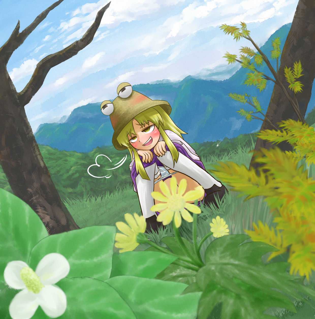 azzie (az man studios), suwako moriya, touhou, censored, highres, blush, convenient censoring, dutch angle, flower, hat, landscape, panties, panty pull, solo, squatting, thighhighs, underwear, 
