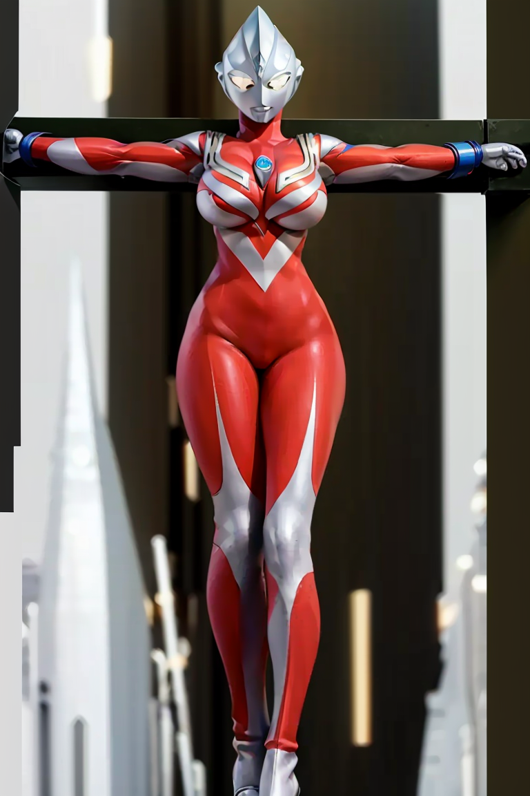 ai generated, building, heroine, large breasts, latex, latex gloves, latex suit, sexy pose, solo, solo female, thick thighs, tight clothing, trapped, ultraman (franchise), ultrawoman thiccga (tiga63), 