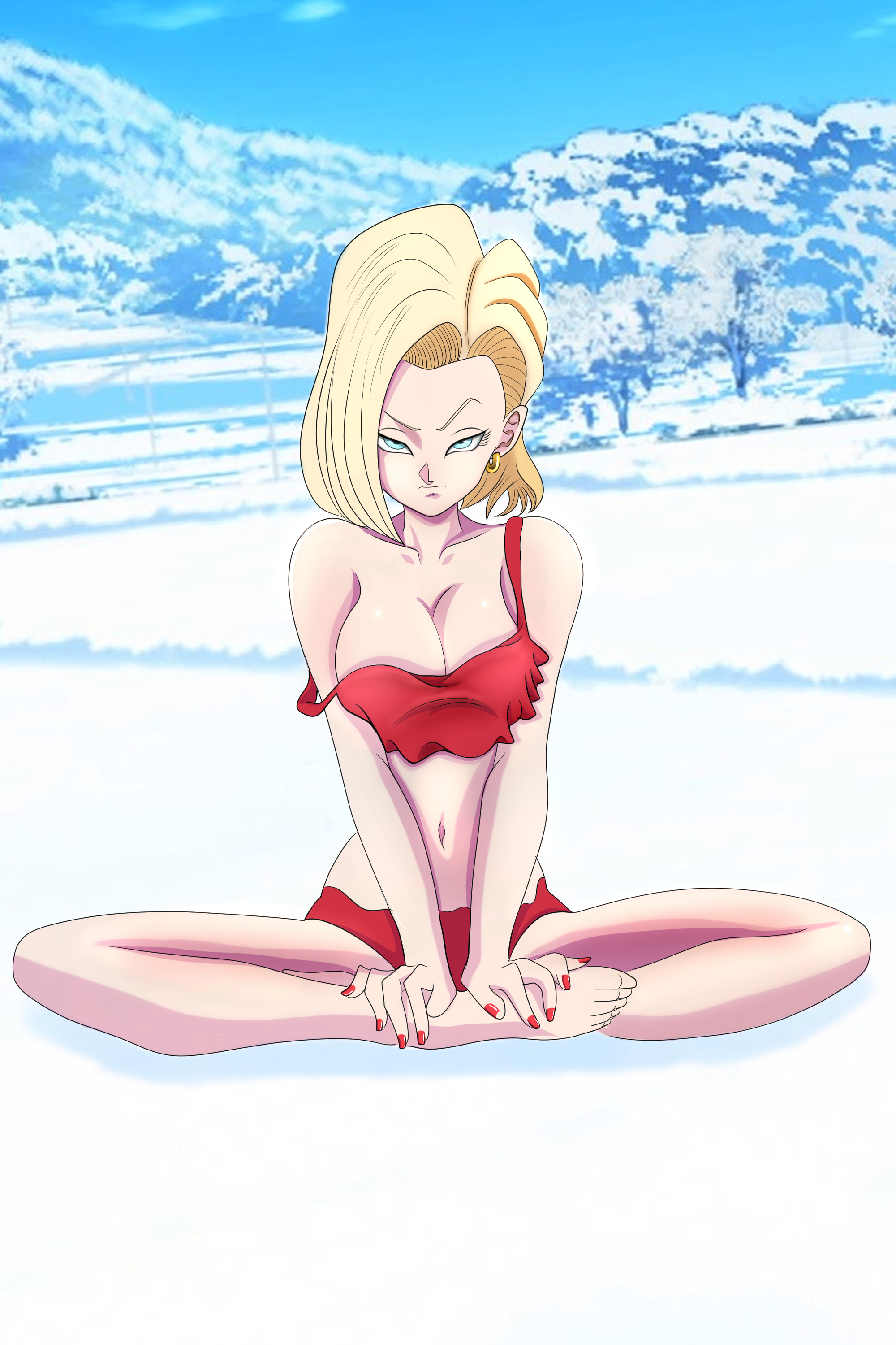 android 18, dragon ball, dragon ball super, dragon ball z, shounen jump, high resolution, highres, 1girls, big ass, big breasts, big nipples, bimbo, black hair, blonde hair, blue eyes, blurry, blush, breasts, continuation, eye contact, female, female only, huge breasts, light-skinned female, light skin, lips, lipstick, makeup, nail polish, nipples, nude, nude female, pov, powkasa, red nails, sequence, short hair, solo, solo female, solo focus, 