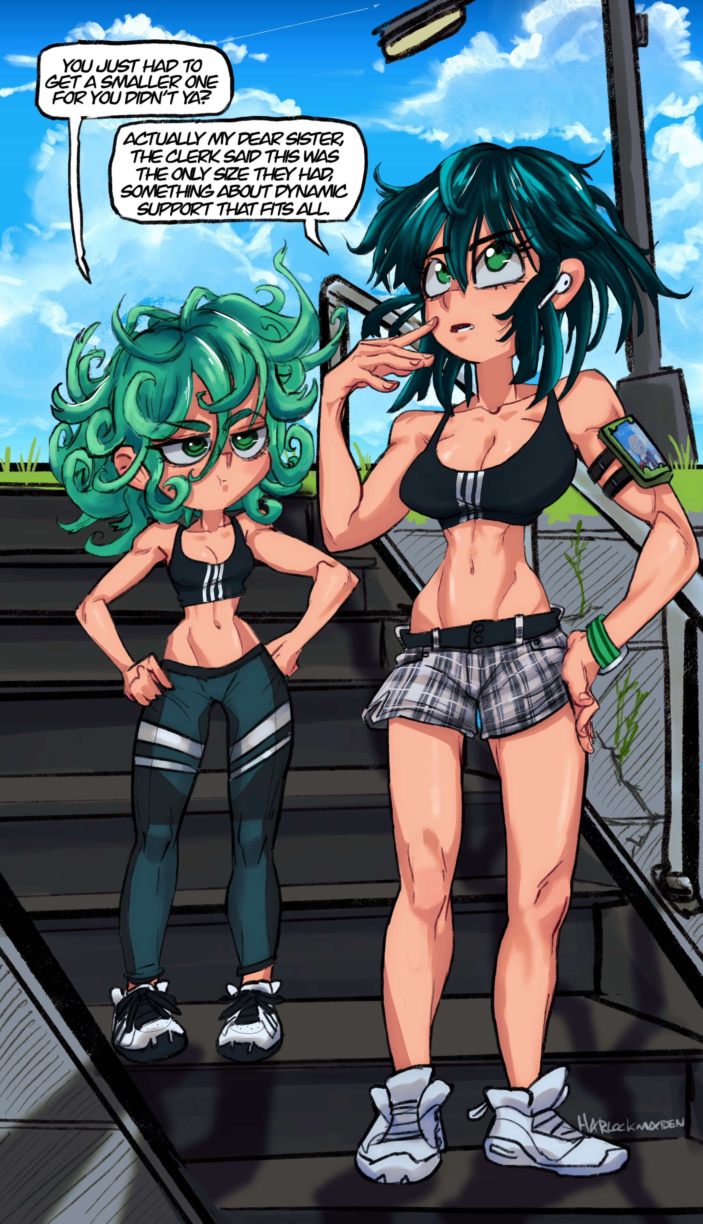 fubuki (one-punch man), tatsumaki, one-punch man, speech bubble, athletic, athletic female, bare midriff, busty, crop top, female, female focus, female only, green eyes, green hair, harlockmaiden, hourglass figure, leggings, long hair, medium support (meme), navel, outdoor, outdoors, outside, short hair, short shorts, sisters, sneakers, sports bra, sportswear, standing, wide hips, 