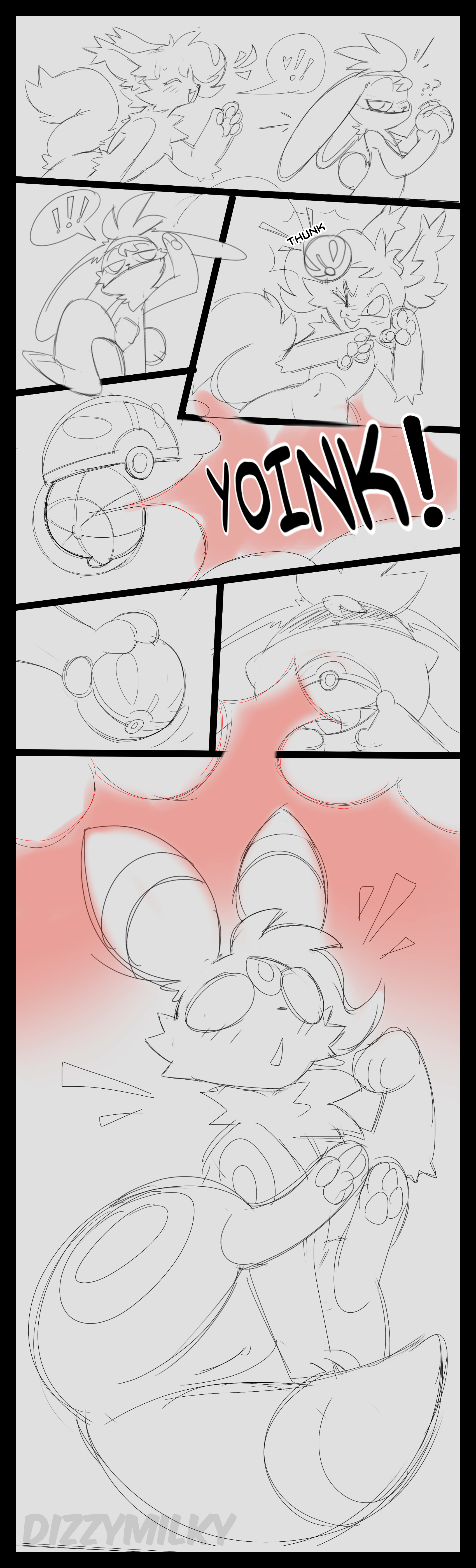 absurd_res ambiguous_gender anthro anthro_to_feral artist_name black_border blush border captured captured_by_pokeball caught_in_pokeball comic dizzymilky duo eeveelution female female_(lore) feral generation_2_pokemon generation_8_pokemon genitals hair hi_res nintendo pawpads paws pokeball pokemon pokemon_(species) pussy raboot shocked throwing_object throwing_pokeball transformation umbreon