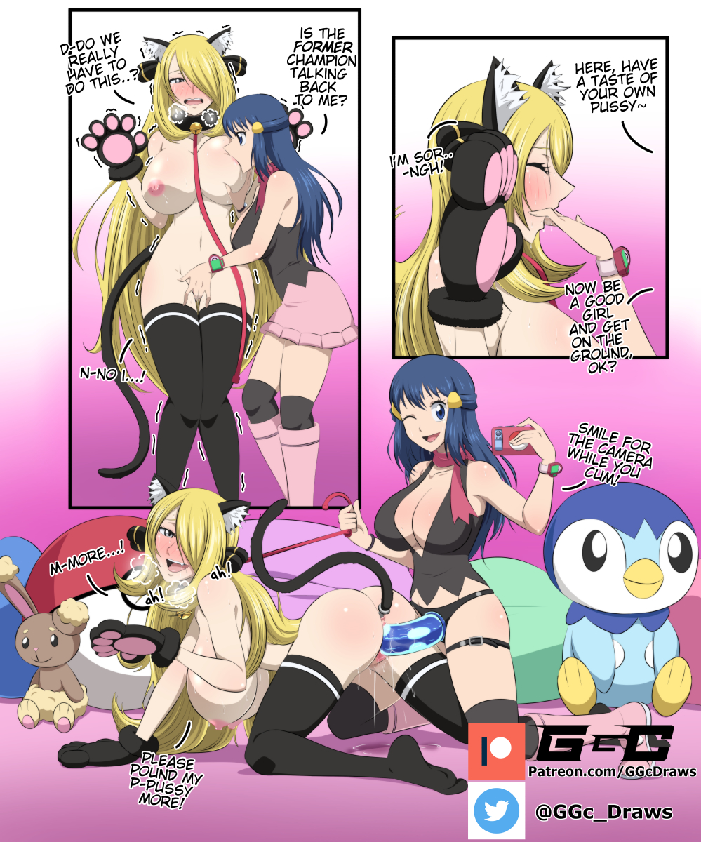 ggc, buneary, cynthia (pokemon), dawn (pokemon), piplup, game freak, nintendo, pokemon (game), pokemon dppt, panels, text, 2girls, alternate breast size, areolae, artist name, bangs, blonde hair, blue eyes, blue hair, blush, bracelet, breast sucking, breasts, breath, buttplug, cat ears, cat tail, cat tail buttplug, collar, doggy style, duo, fingering, fingers in mouth, hair ornament, hairclip, happy, happy sex, human, indoors, large breasts, leash, light-skinned female, light skin, long hair, mostly clothed, nipples, on knees, one eye closed, open mouth, phone, pillow, pokemon, pussy, pussy juice, red scarf, scarf, sex, shiny, shiny skin, sidelocks, sleeveless shirt, strap-on, taking picture, thighhighs, yellow eyes, yuri, 