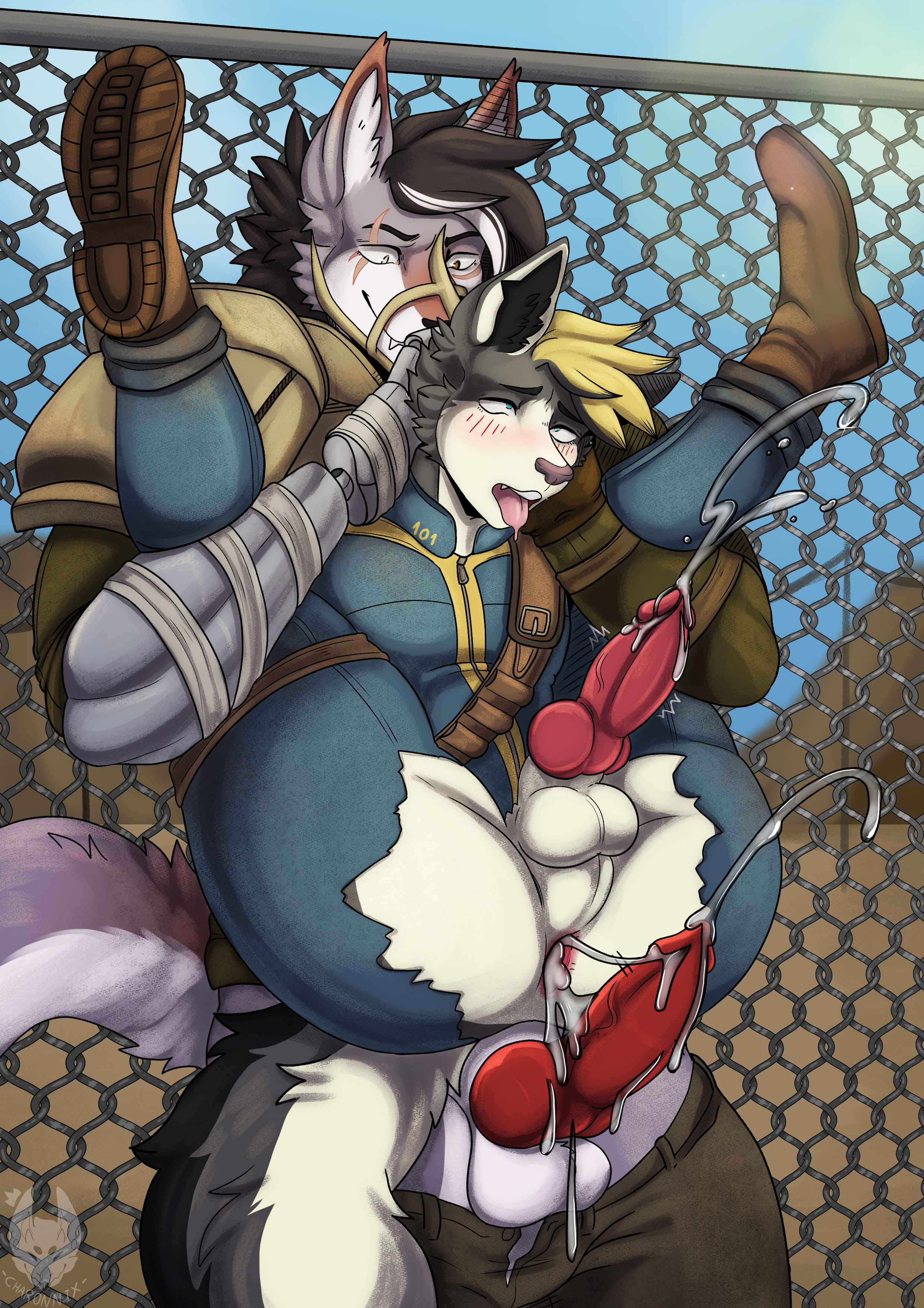 2boys absurd_res anthro anus bodily_fluids canid canine canis charonnix clothing cum cum_inside domestic_dog duo fallout feger_(feger-jager) full_nelson gaping gaping_anus gay genital_fluids hi_res husky knot male male/male male_only mammal microsoft nordic_sled_dog spitz torn_clothing vault_suit wolf