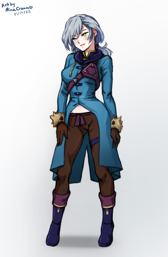 minacream, ashe ubert, fire emblem, fire emblem: three houses, nintendo, dated, rule 63, white background, 1girls, artist name, ass visible through thighs, boots, breasts, earrings, female, female only, genderswap (mtf), gloves, green eyes, green hair, medium hair, ponytail, small breasts, smile, solo, 