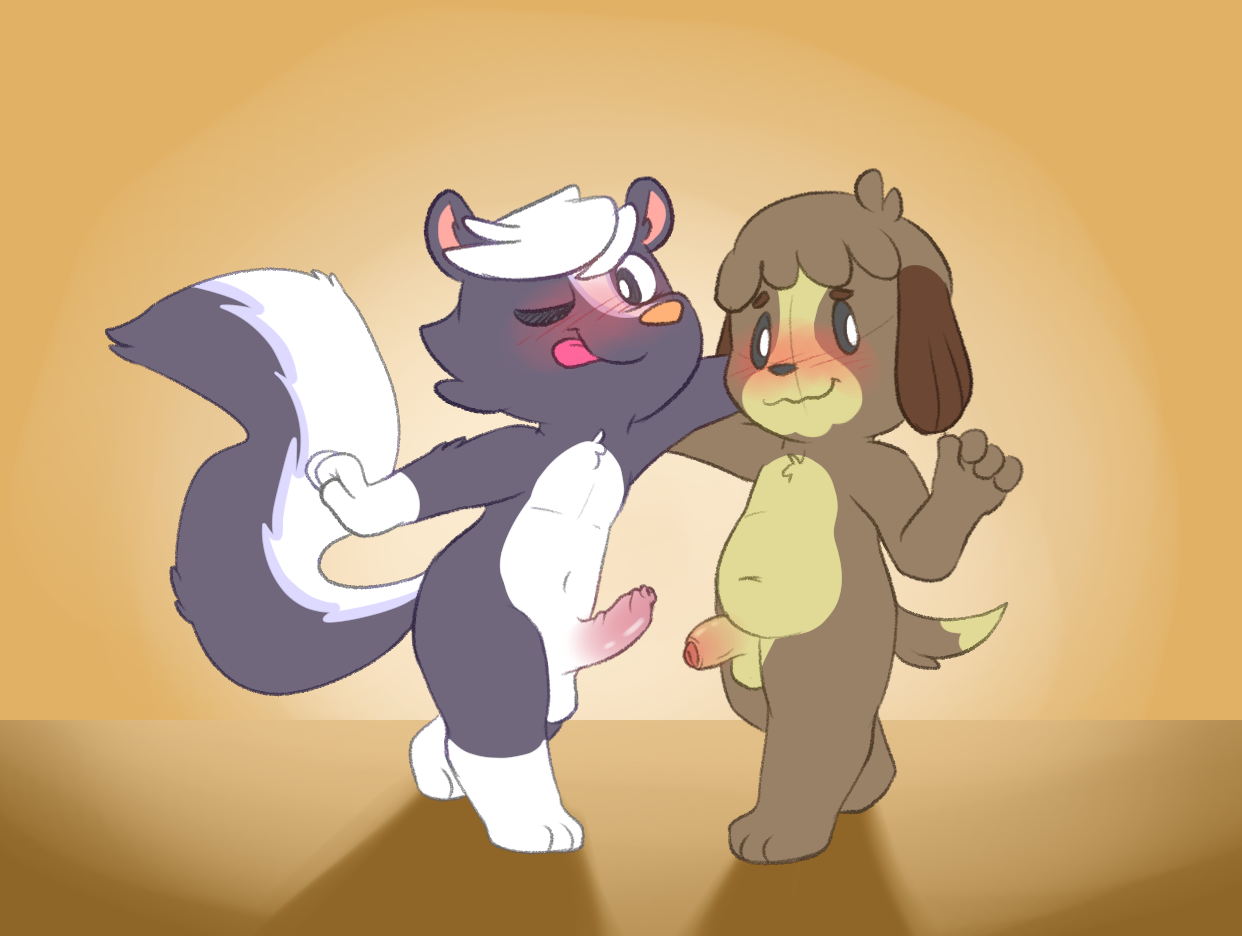 unboxyguy, digby (animal crossing), kicks (animal crossing), animal crossing, nintendo, canid, canine, canis, domestic dog, male, male/male, mammal, mephitid, nude, skunk, video games, 