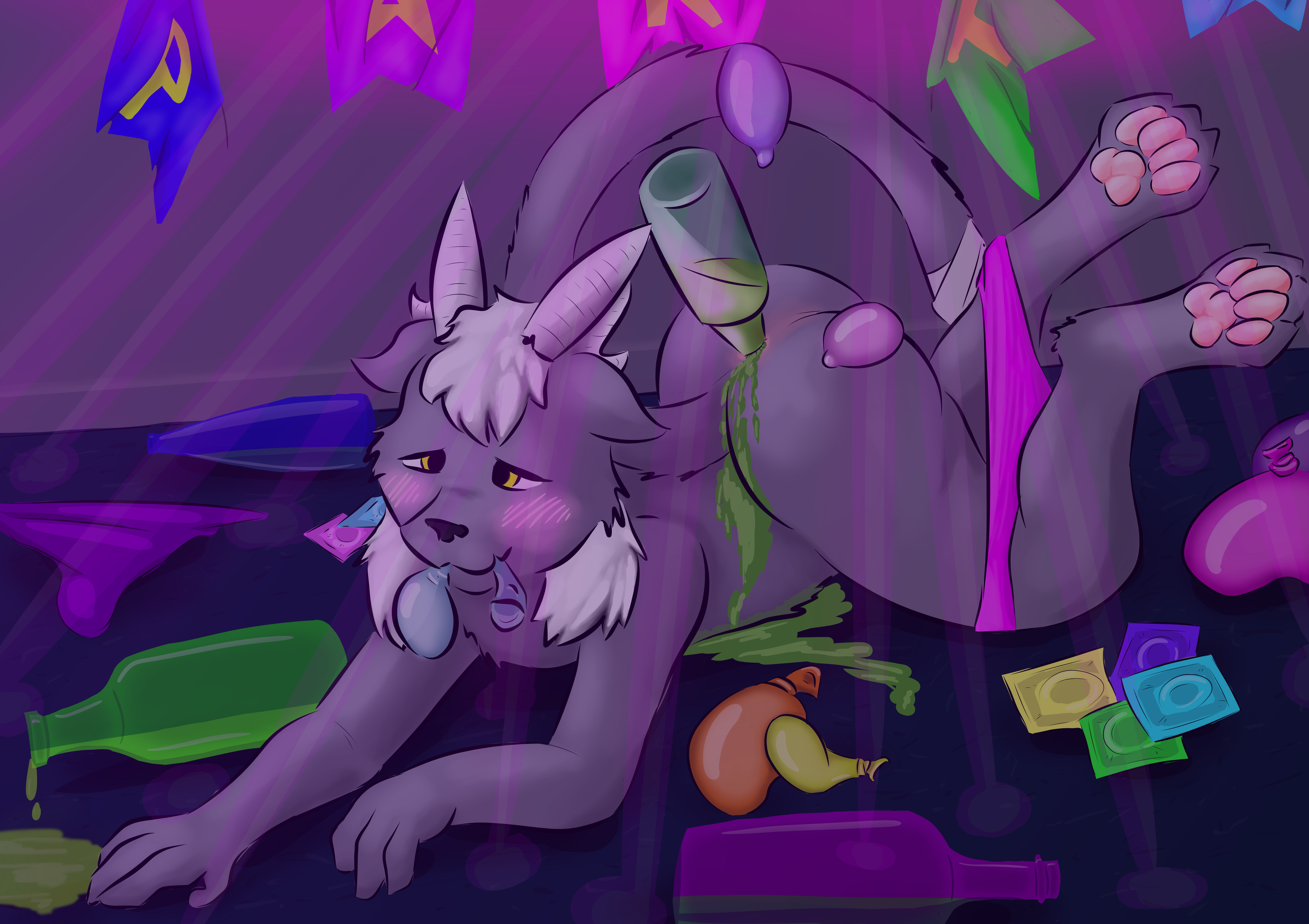 absurd res, hi res, ambiguous gender, anal, anthro, bottle, bottle in ass, condom, container, domestic cat, drunk, drunk sex, felid, feline, felis, hair, horn, horned cat, mammal, mrripper338, party, pawpads, paws, sexual barrier device, solo, substance intoxication, thick thighs, white hair, yellow eyes, 