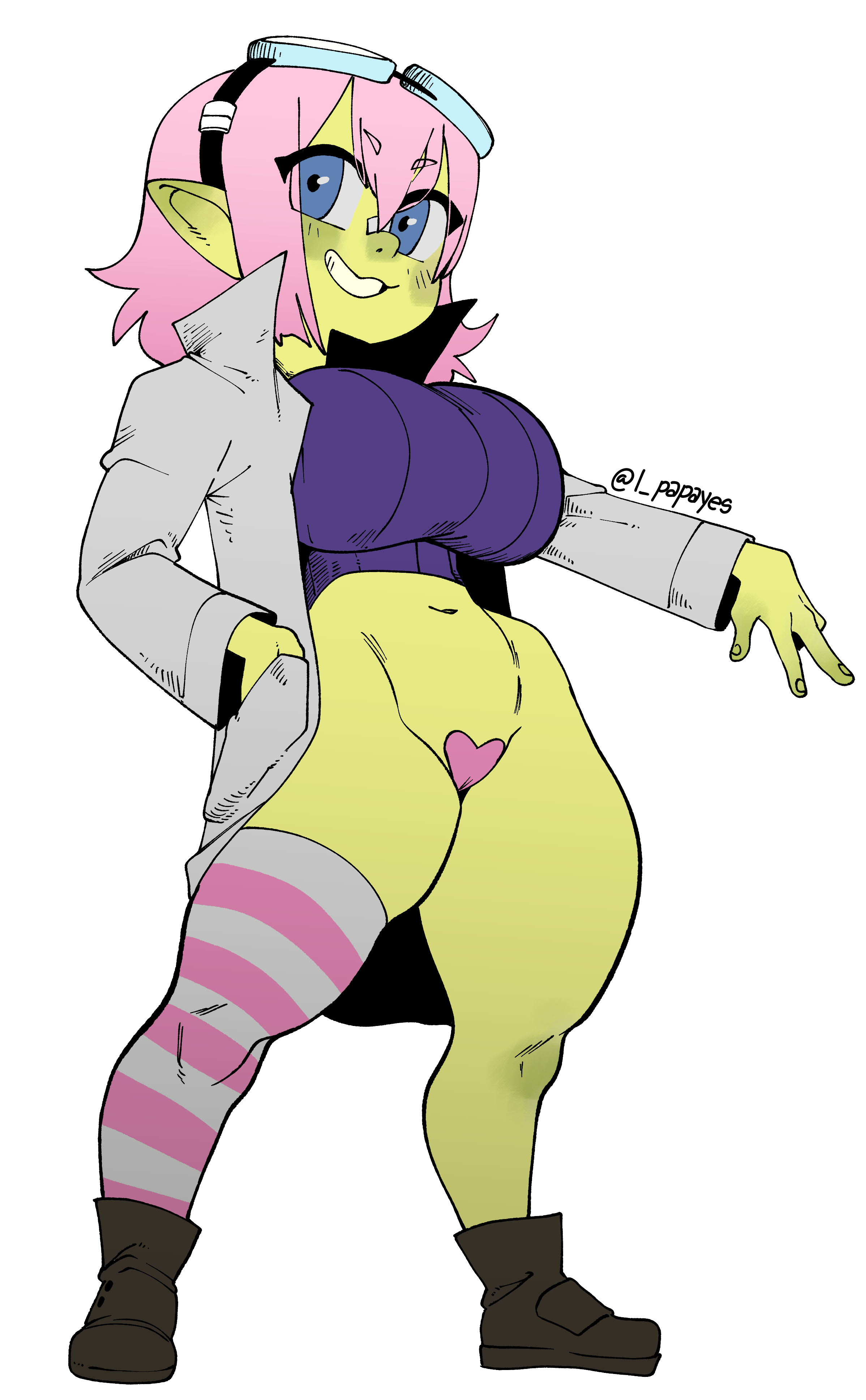 nuclearwasabi, absurd res, hi res, big breasts, blue eyes, bottomless, breasts, camel toe, clothed, clothing, female, goblin, green body, green skin, hair, humanoid, humanoid pointy ears, looking at viewer, pasties, pink hair, smile, smiling at viewer, solo, standing, 