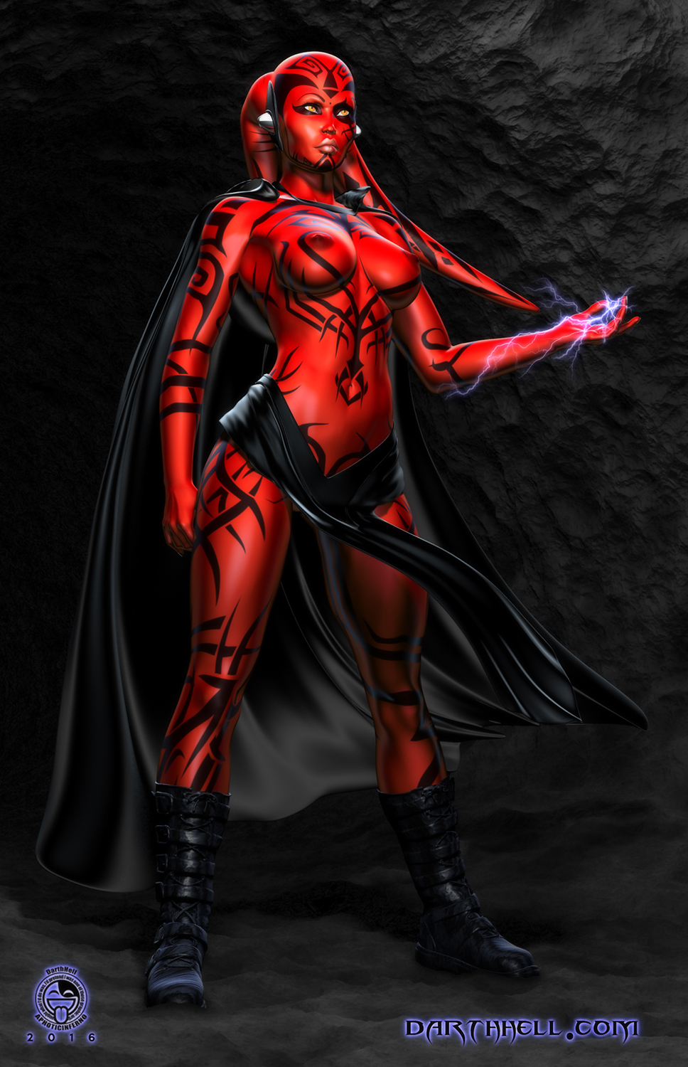 darth hell, darth talon, sith, sith lady, star wars, star wars: legacy, 3d, 1girls, black cape, breasts, cape, female, female focus, female solo, partially clothed, partially clothed female, red skin, twi'lek, yellow eyes, 