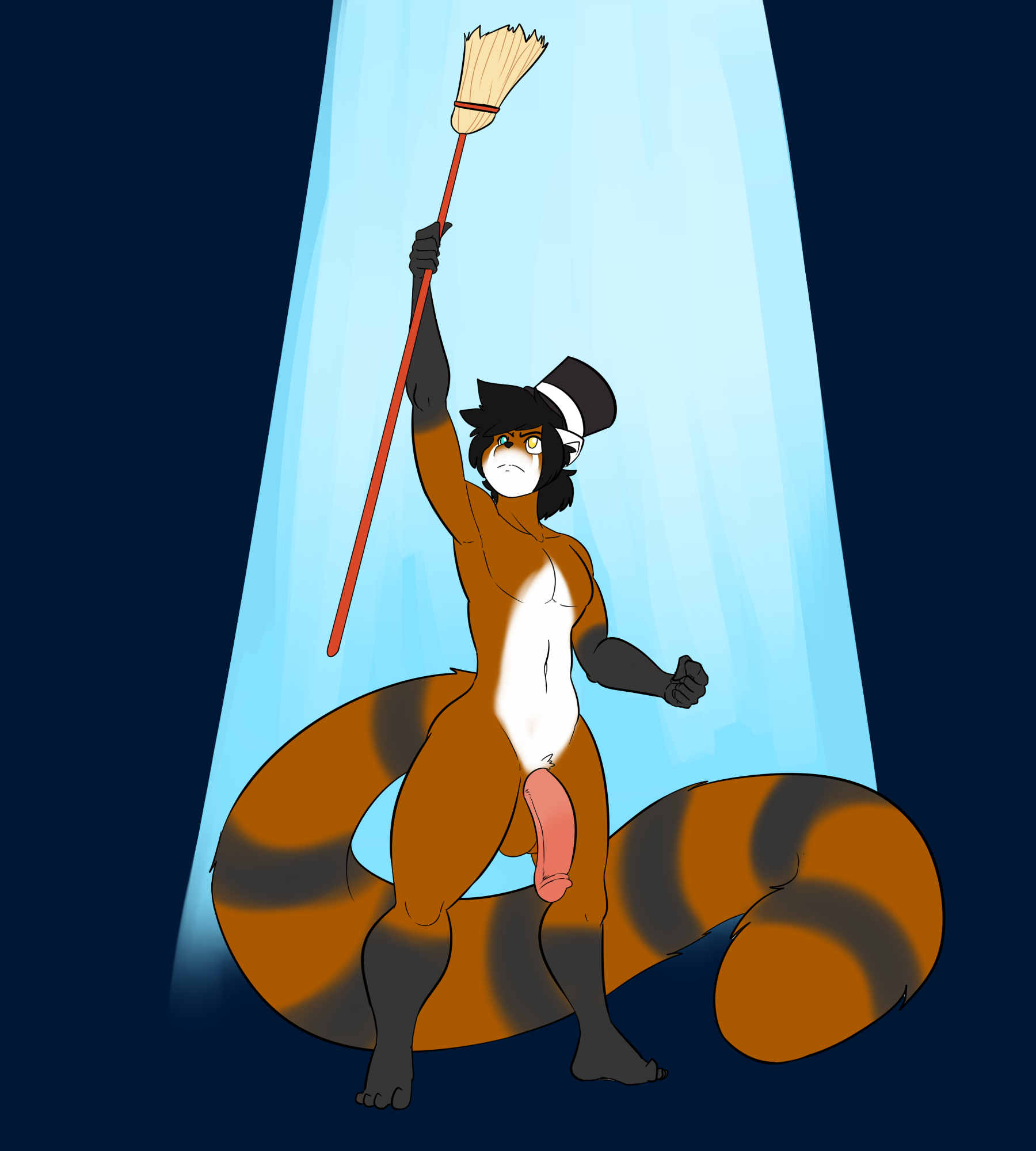 kaboozle, 2017, hi res, pose, anthro, balls, big penis, broom, flaccid, hat, humanoid penis, male, male only, mammal, penis, red panda, solo, standing, top hat, 