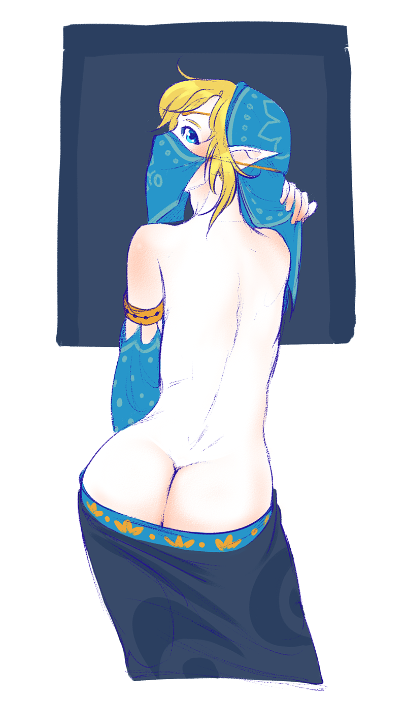 shizaya-kun, gerudo link, link, breath of the wild, the legend of zelda, simple background, 1boy, androgynous, ass, blonde hair, blue eyes, blush, femboy, gerudo sirwal, gerudo veil, girly, male, male only, solo, trap, veil, 